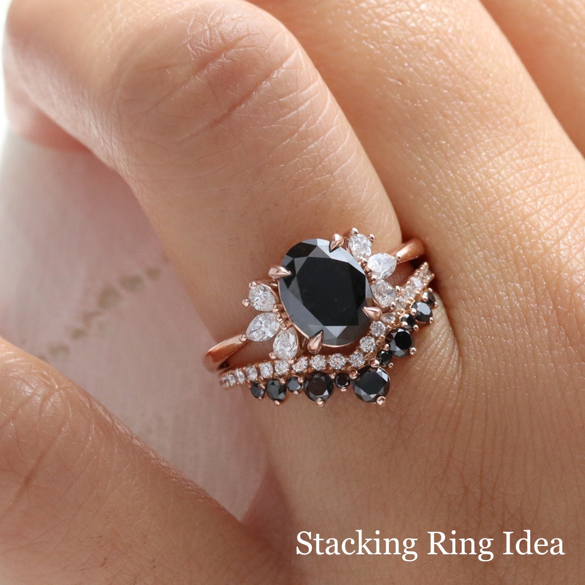 Large Oval black diamond ring bridal set rose gold 3 stone black diamond cluster ring stack la more design jewelry