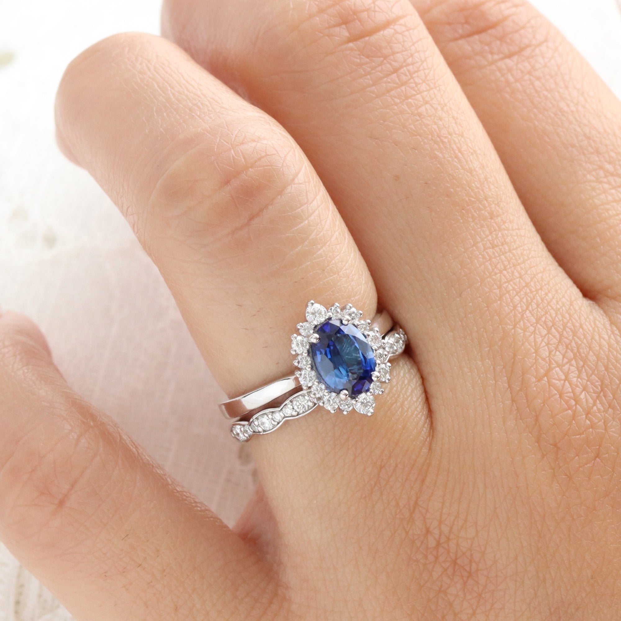 Oval blue sapphire engagement ring white gold halo diamond sapphire ring la more design jewelry