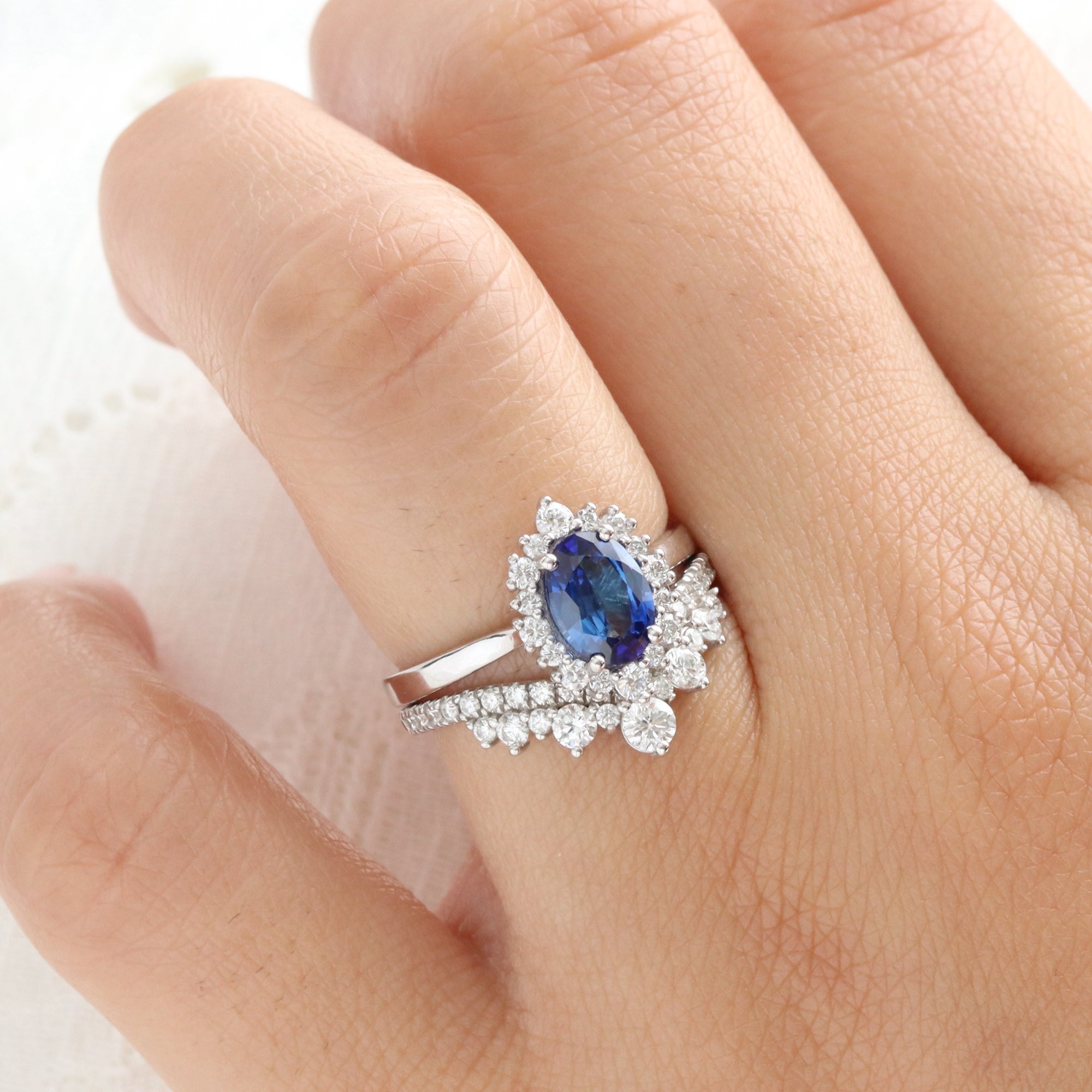 Oval blue sapphire engagement ring white gold halo diamond sapphire ring la more design jewelry