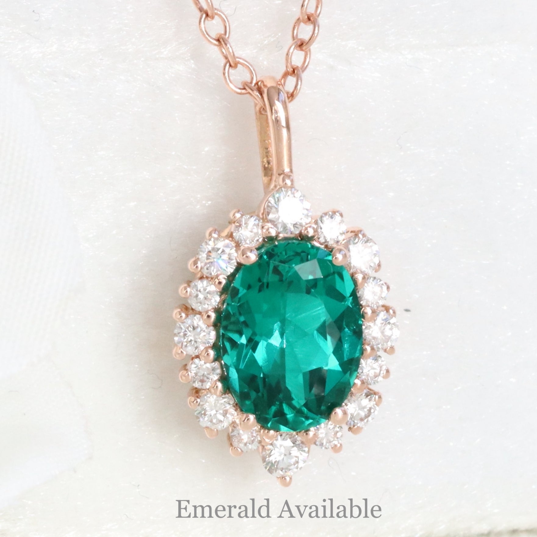 Oval emerald necklace rose gold emerald halo diamond drop pendant necklace la more design jewelry