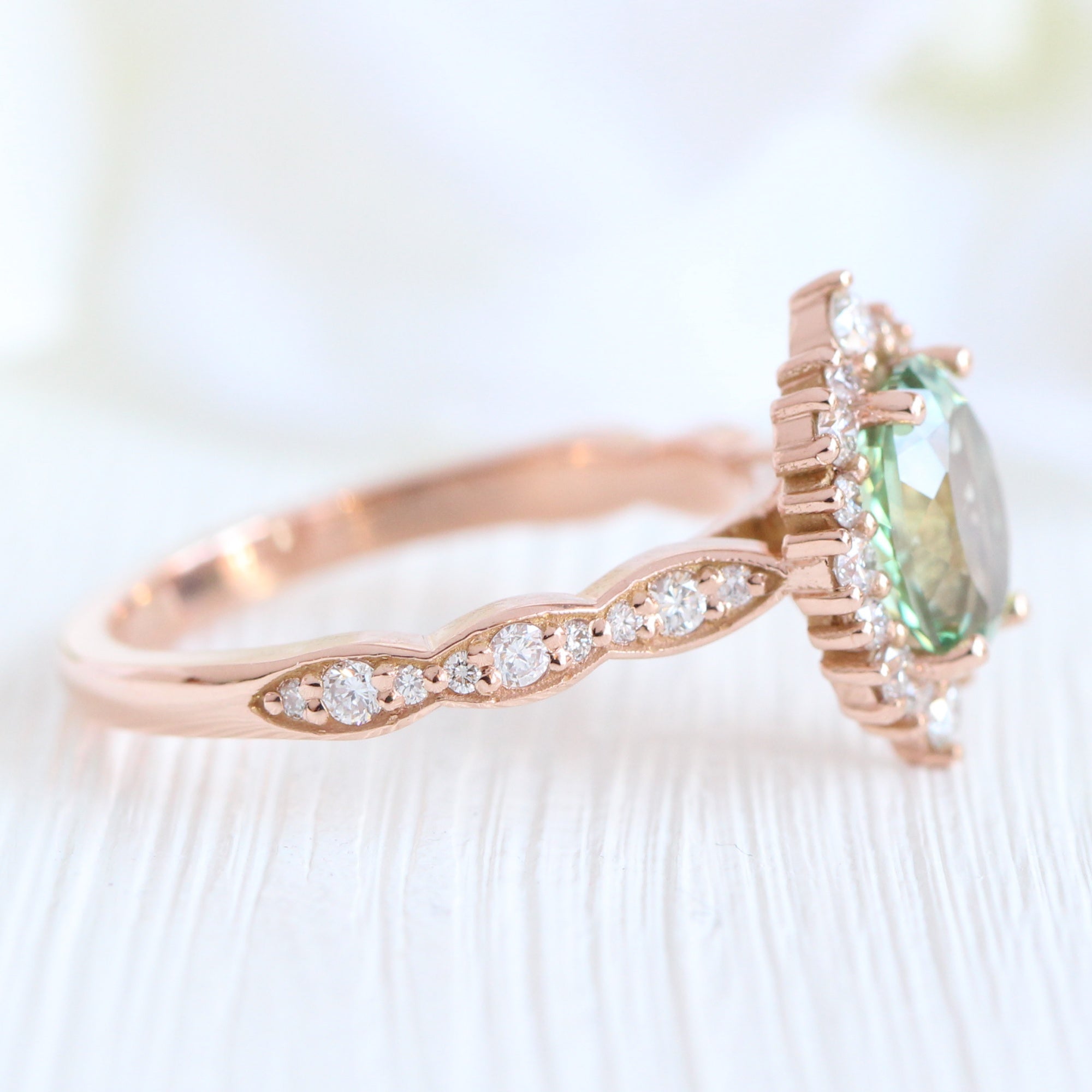 Oval green sapphire engagement ring rose gold halo diamond ring la more design jewelry