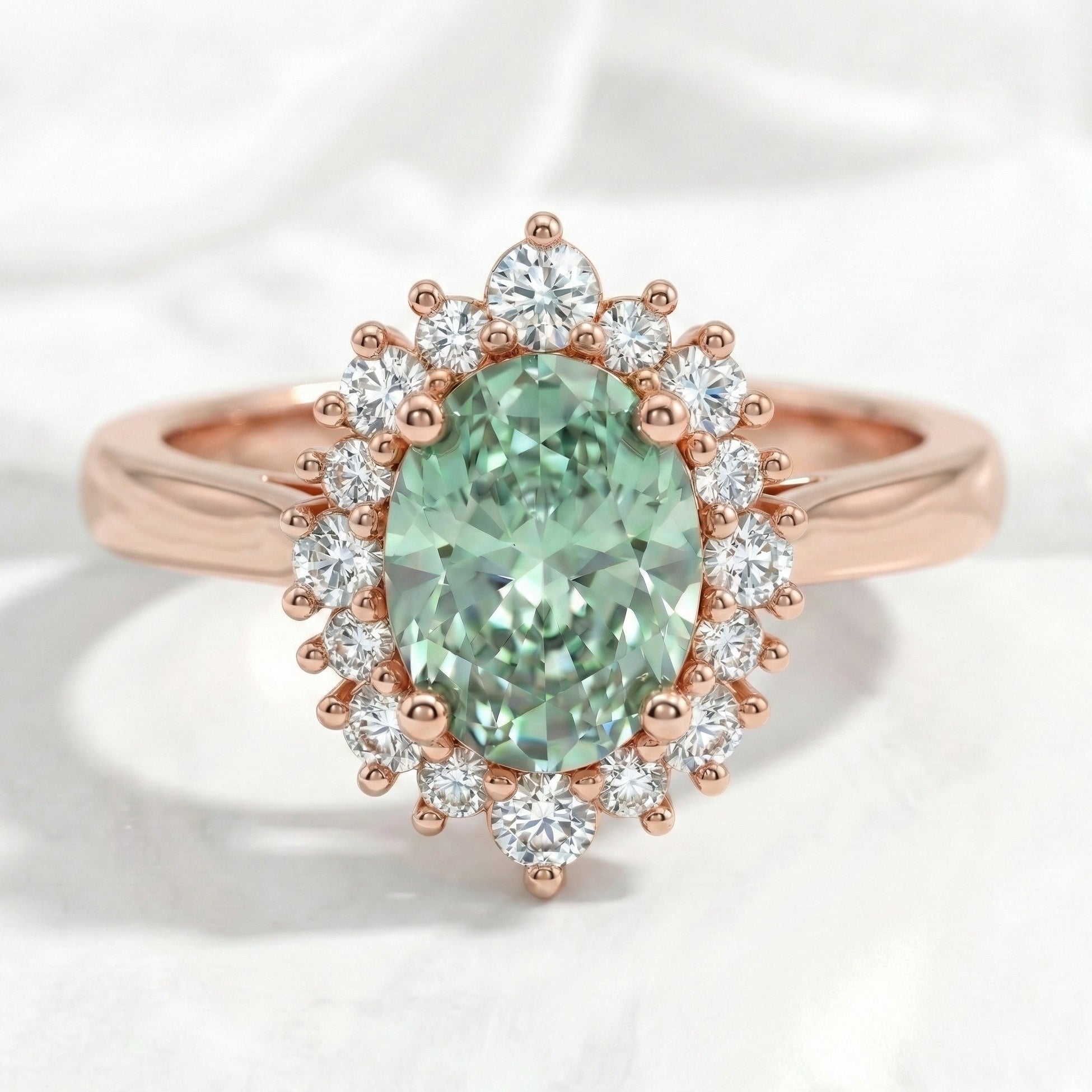 Oval green sapphire engagement ring rose gold halo diamond sapphire ring la more design jewelry