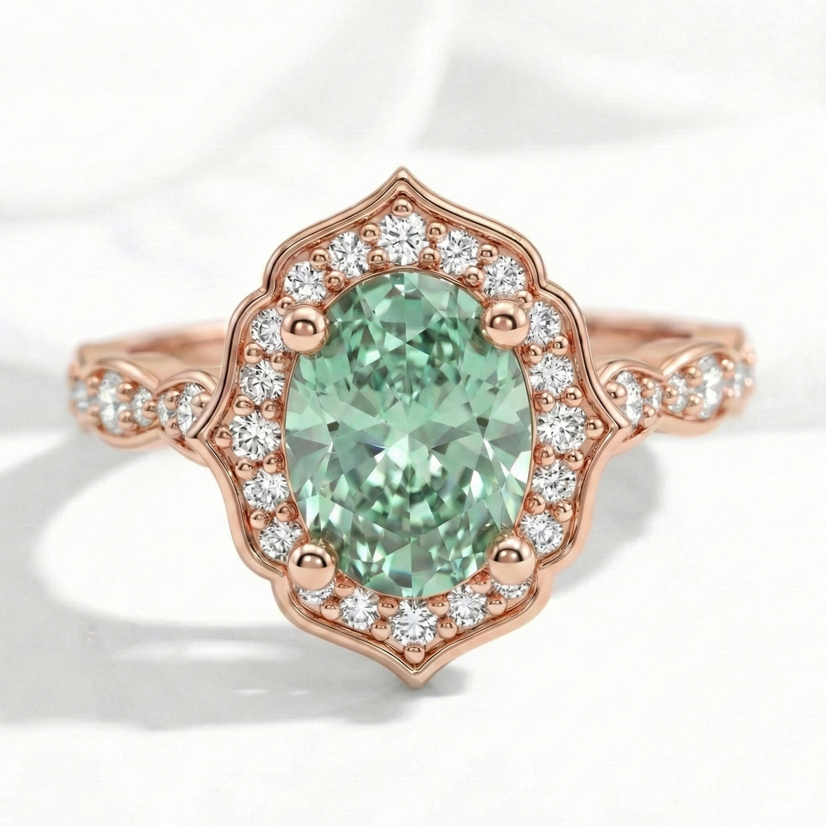 Oval green sapphire engagement ring rose gold vintage floral halo diamond sapphire ring la more design jewelry