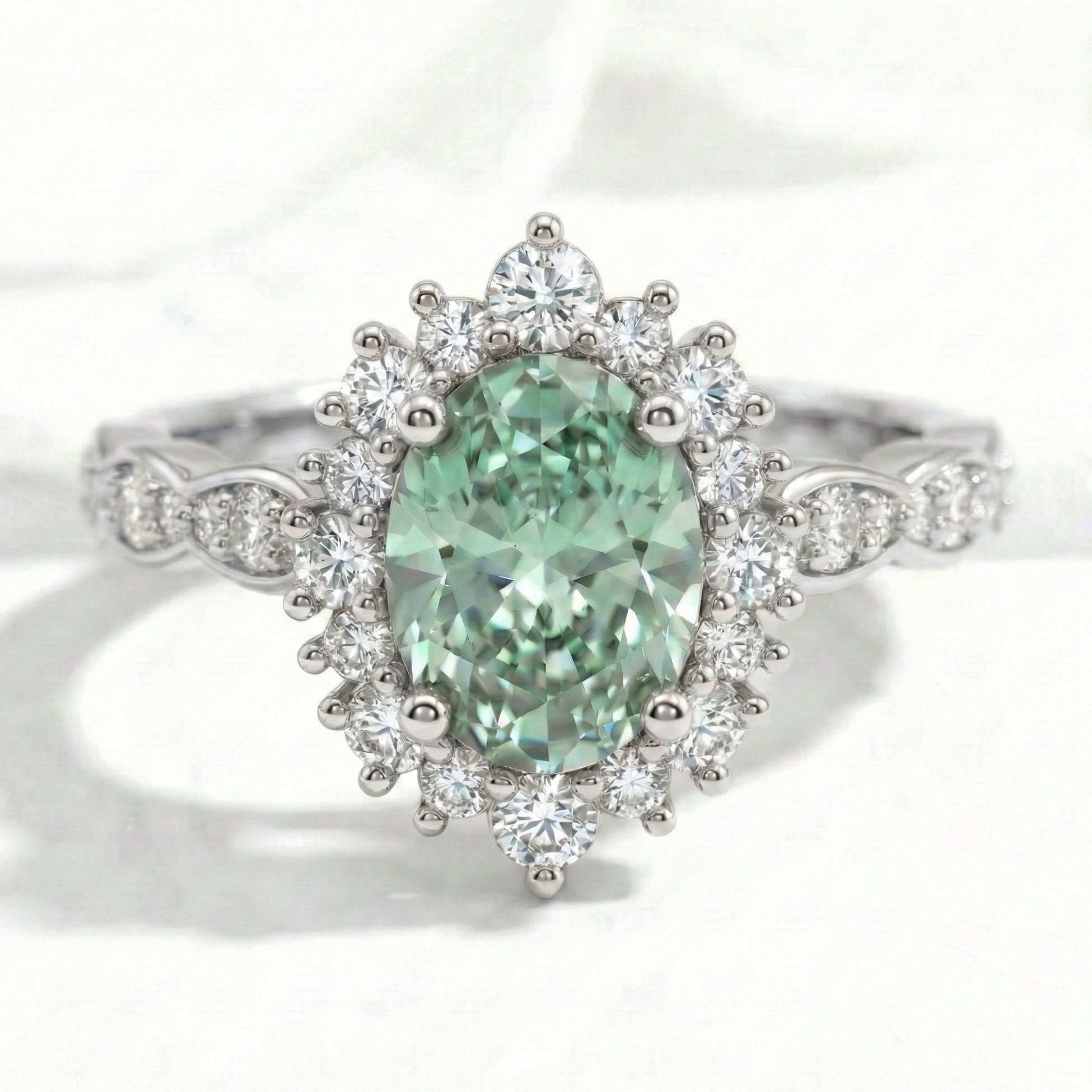 Oval green sapphire engagement ring white gold halo diamond sapphire ring la more design jewelry