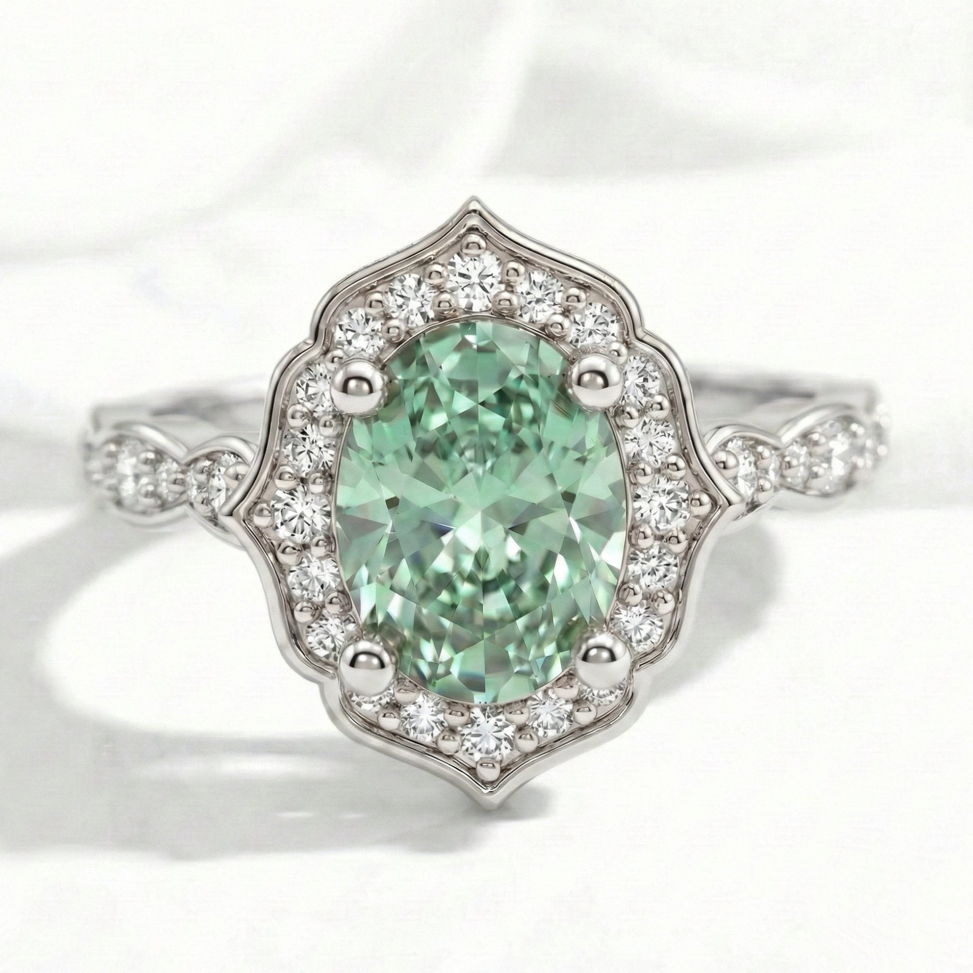 Oval green sapphire engagement ring white gold vintage floral halo diamond sapphire ring la more design jewelry