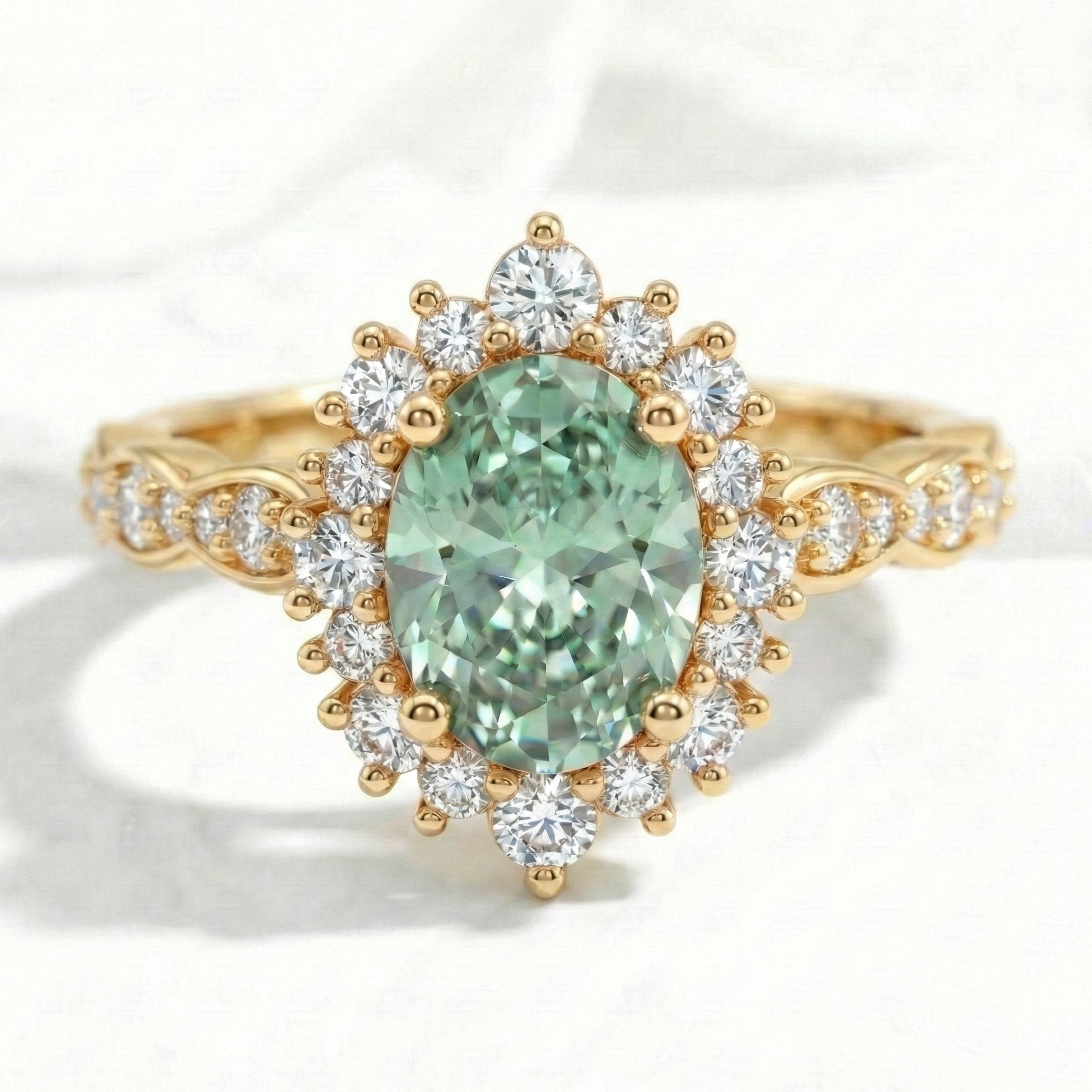 Oval green sapphire engagement ring yellow gold halo diamond sapphire ring la more design jewelry
