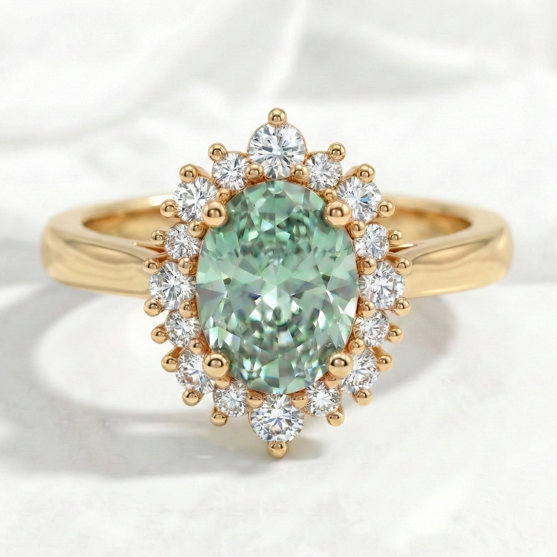 Oval green sapphire engagement ring yellow gold halo diamond sapphire ring la more design jewelry