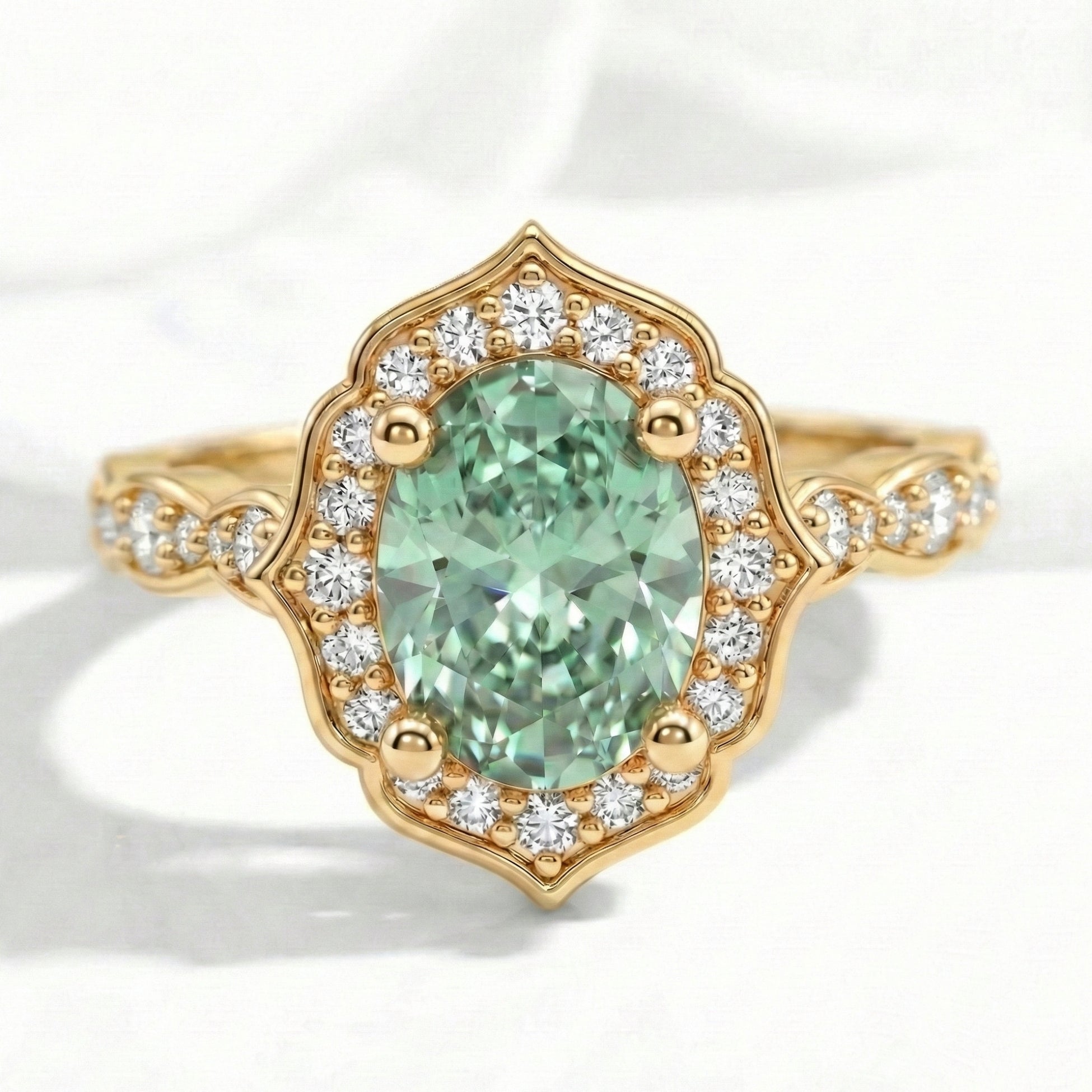 Oval green sapphire engagement ring yellow gold vintage floral halo diamond sapphire ring la more design jewelry