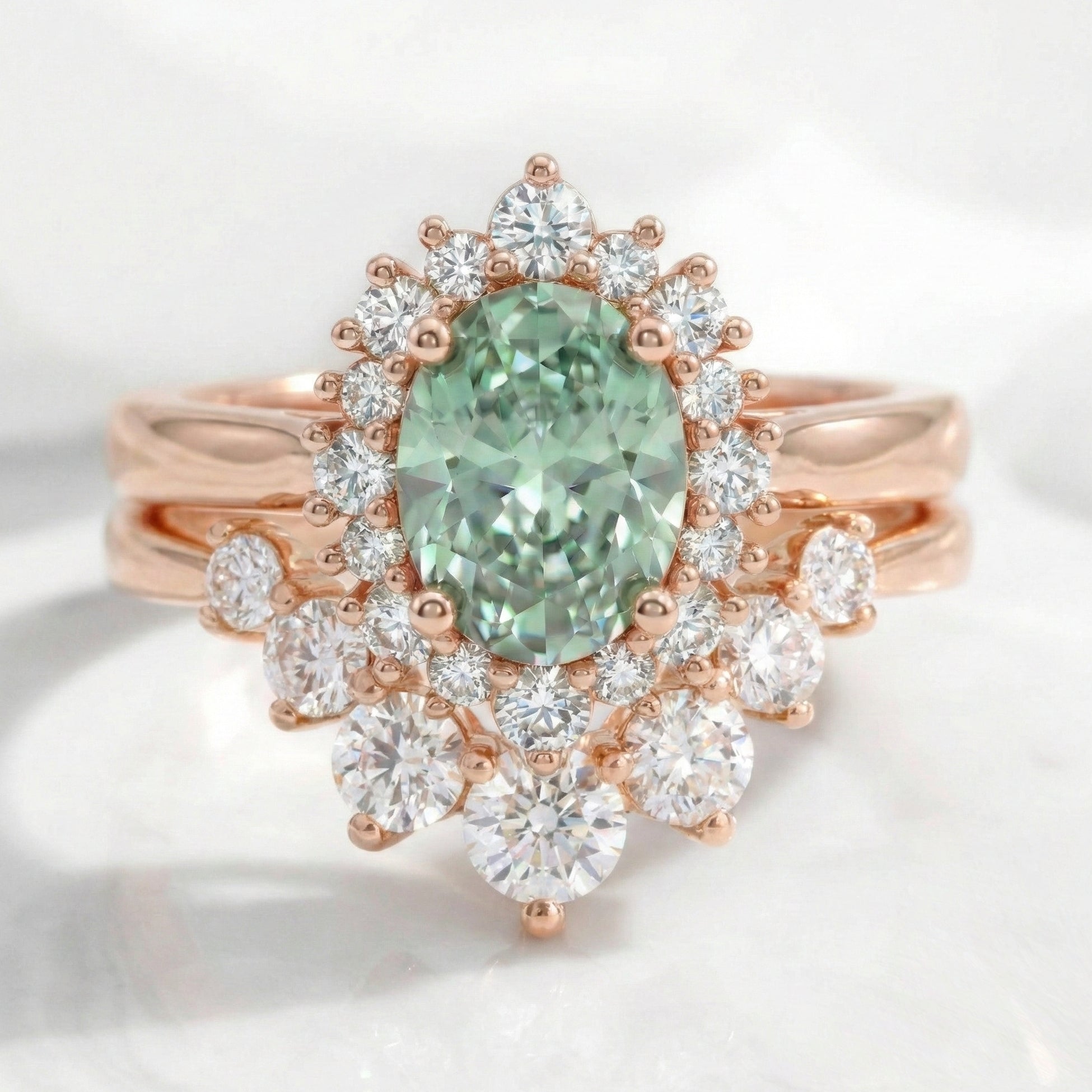 Oval green sapphire halo ring bridal set rose gold deep curved diamond wedding band stack la more design jewelry