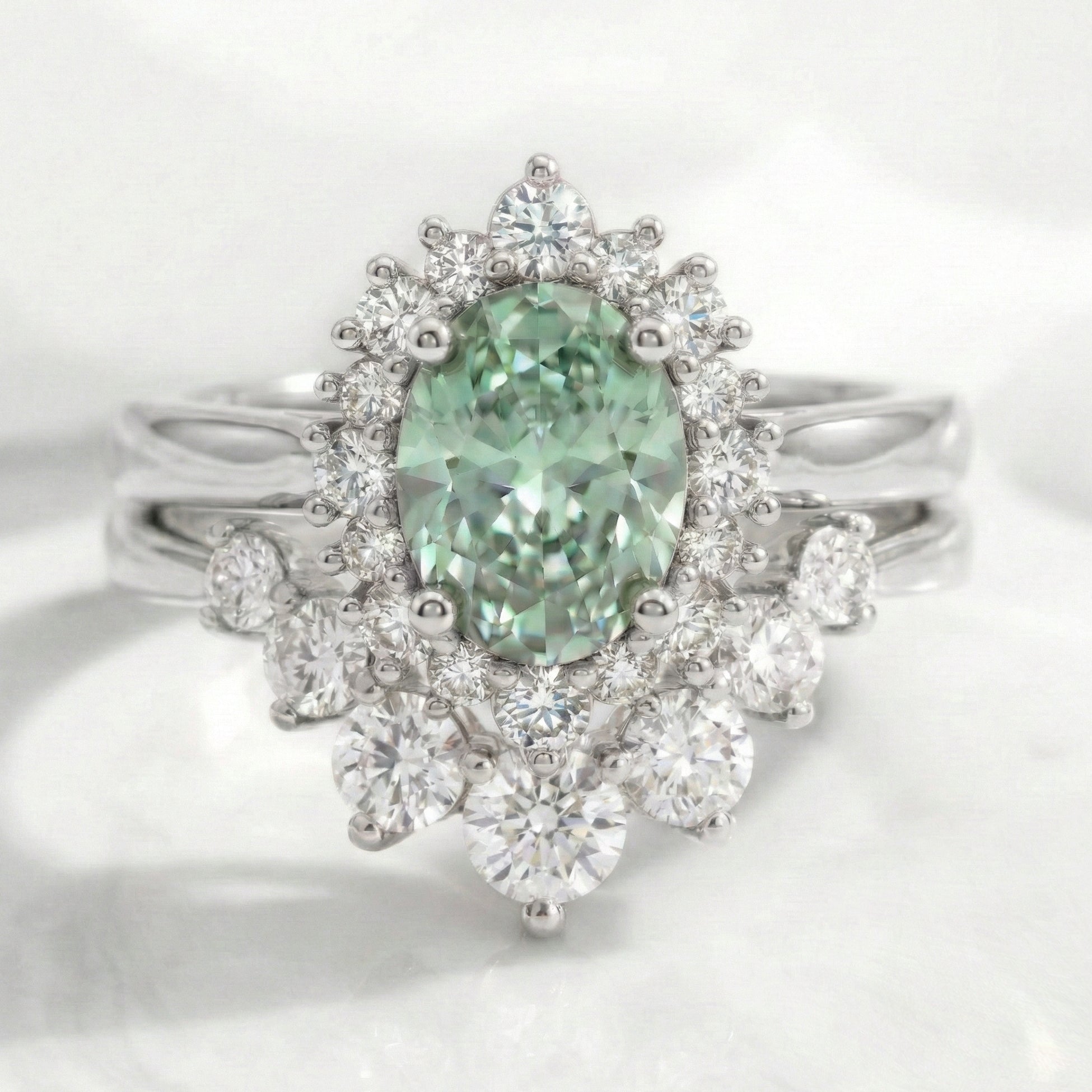 Oval green sapphire halo ring bridal set white gold deep curved diamond wedding band stack la more design jewelry