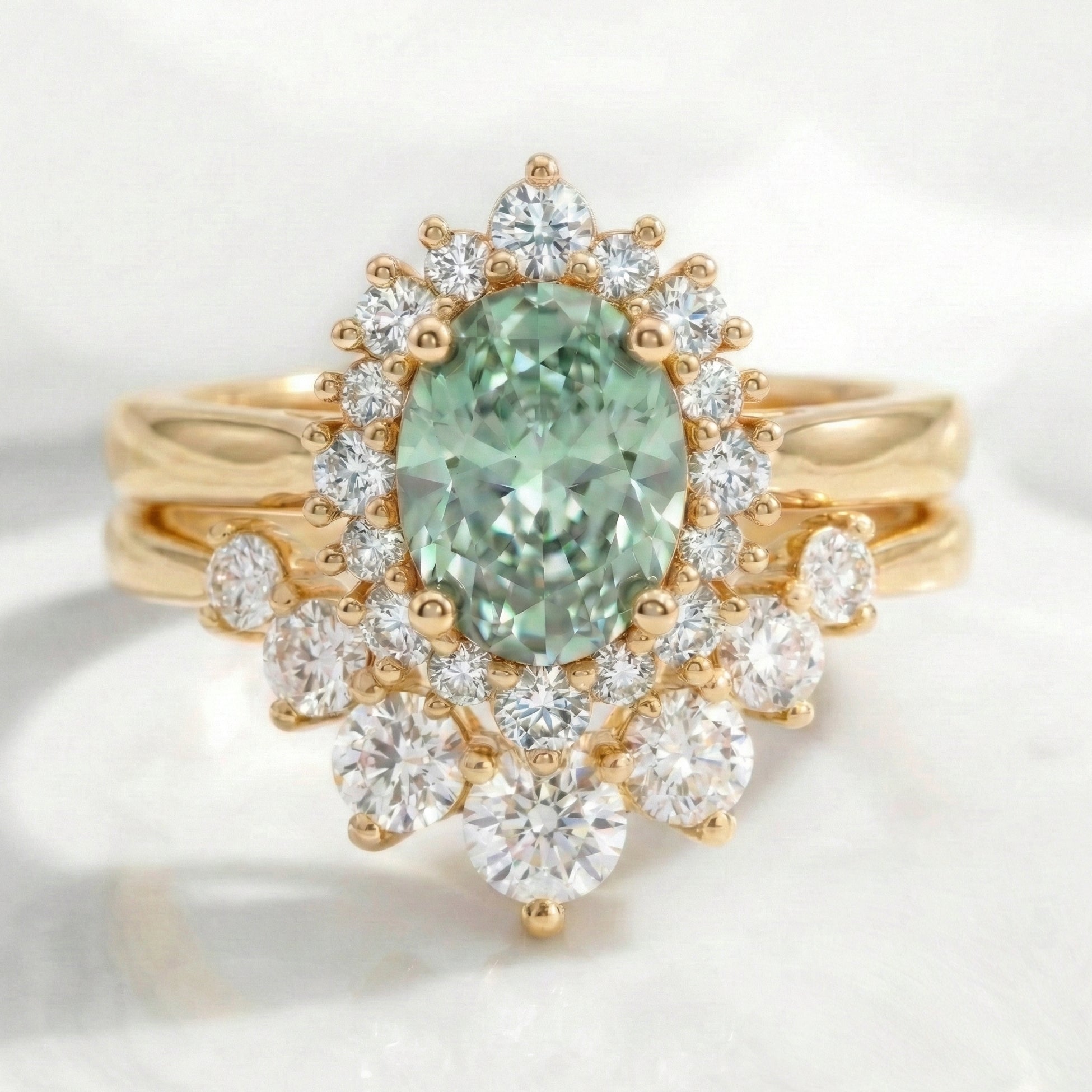 Oval green sapphire halo ring bridal set yellow gold deep curved diamond wedding band stack la more design jewelry