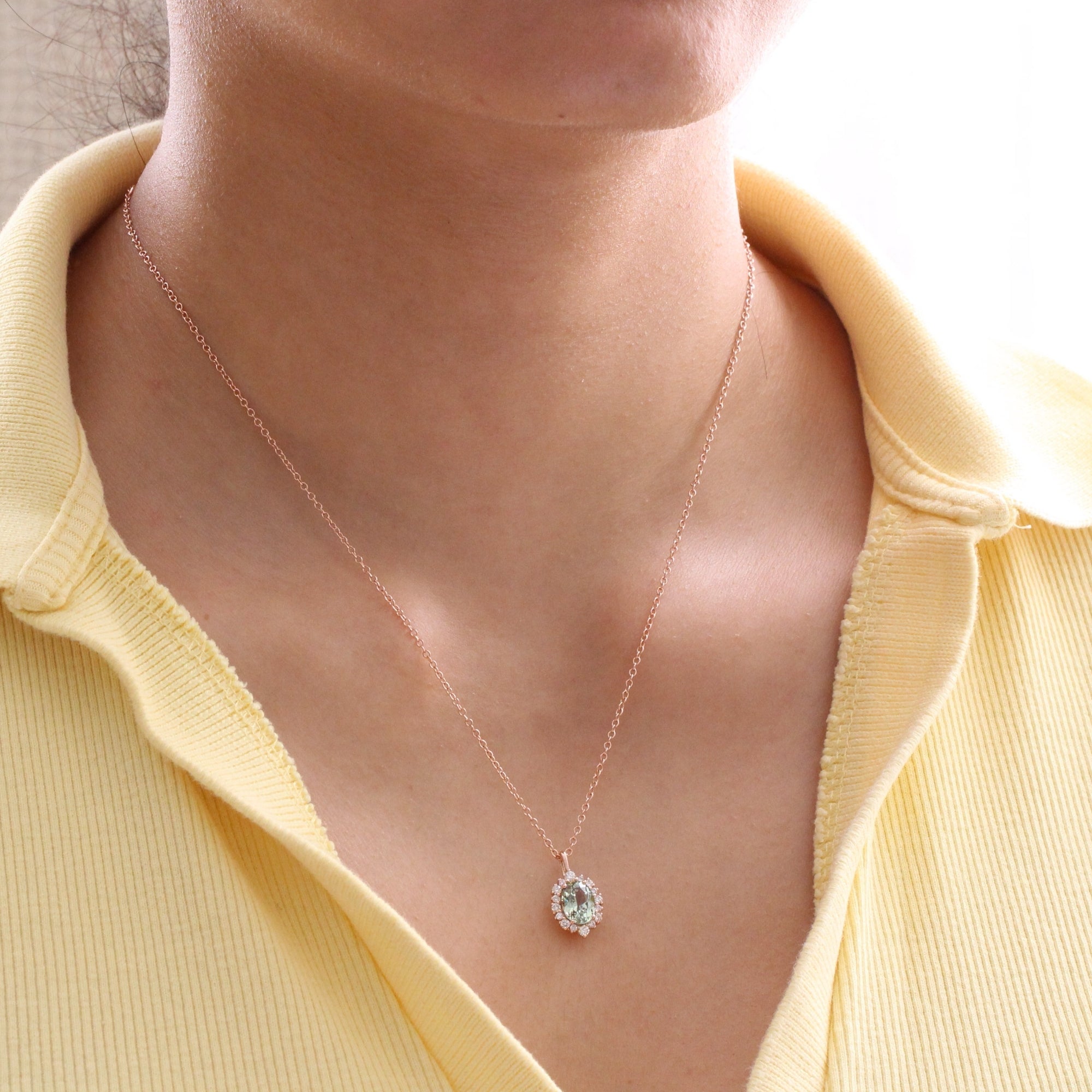 Oval green sapphire necklace rose gold seafoam green sapphire halo diamond drop pendant necklace la more design jewelry