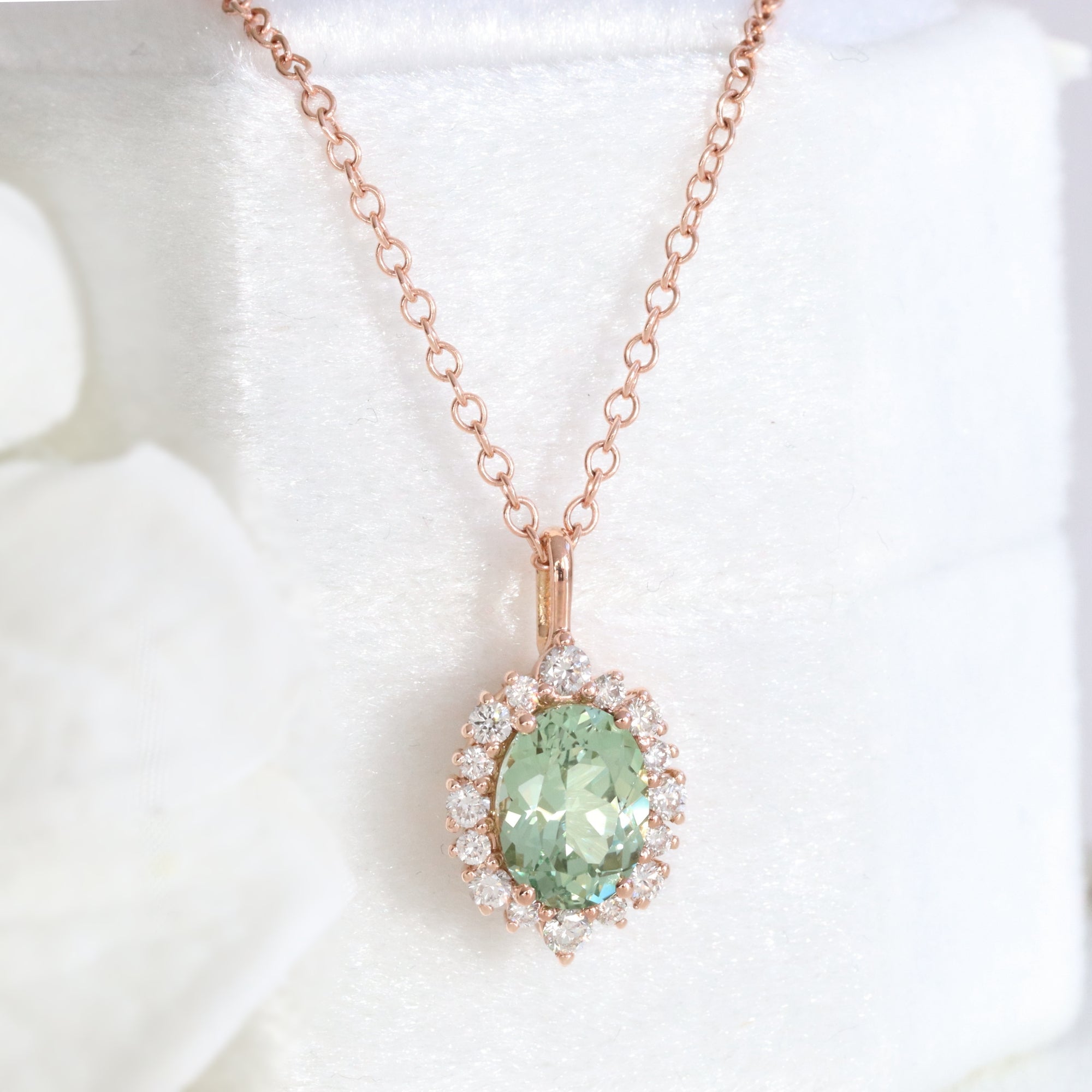 Oval green sapphire necklace rose gold seafoam green sapphire halo diamond drop pendant necklace la more design jewelry