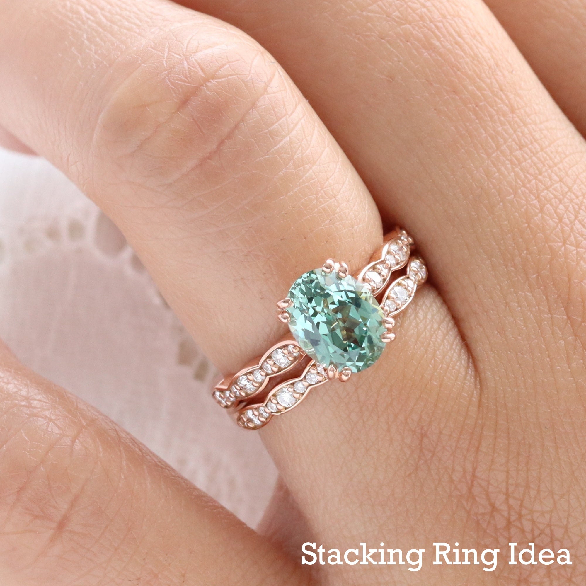 Oval green sapphire ring bridal set rose gold solitaire sapphire diamond engagement ring stack la more design jewelry