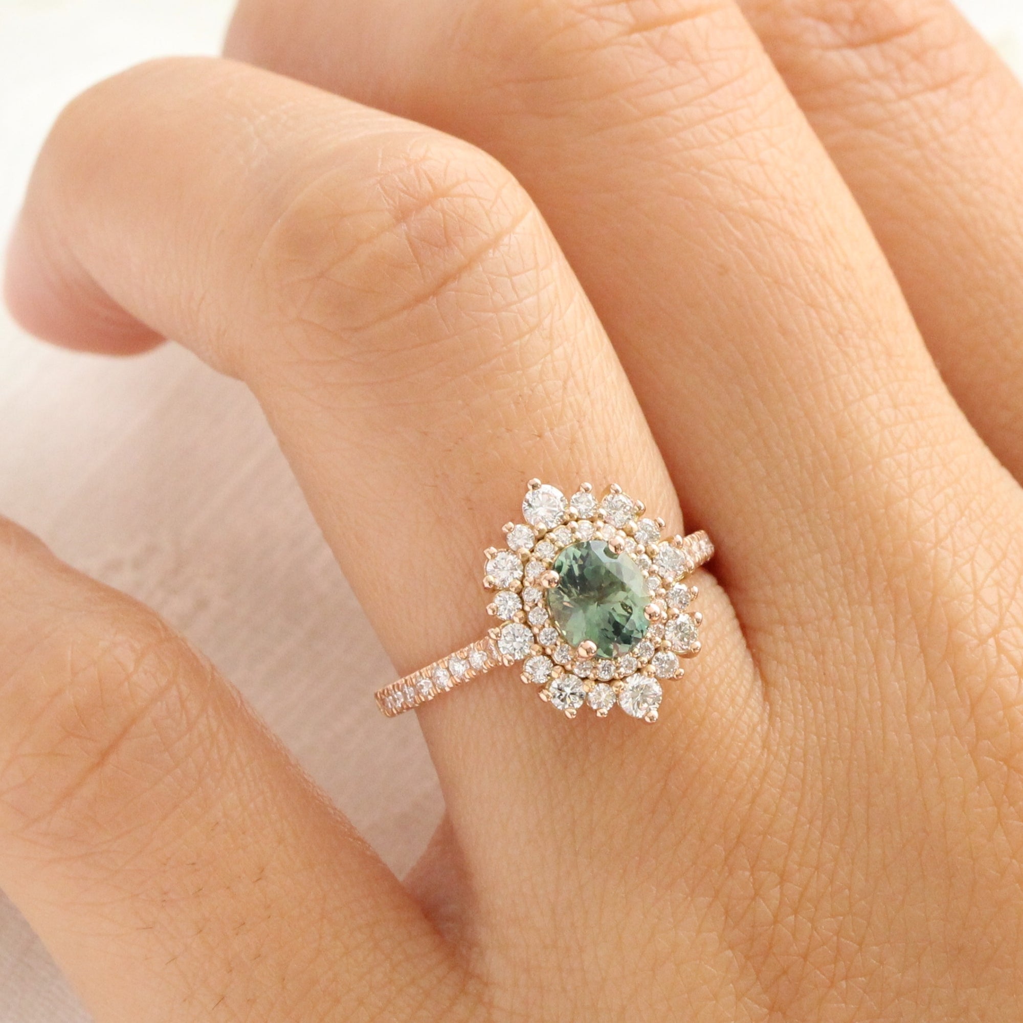 Oval teal green sapphire pave ring rose gold double halo diamond engagement ring la more design jewelry