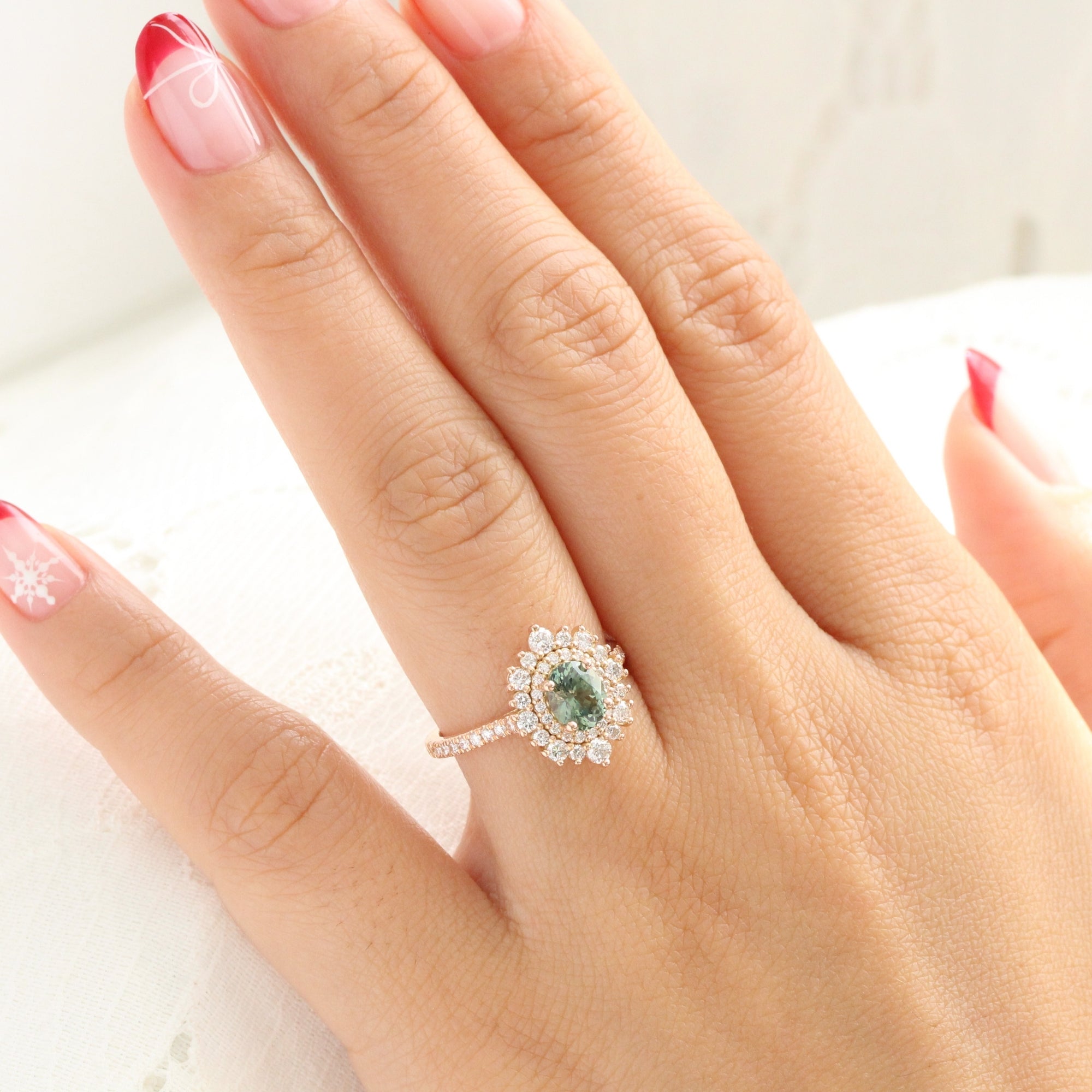 Oval teal green sapphire pave ring rose gold double halo diamond engagement ring la more design jewelry