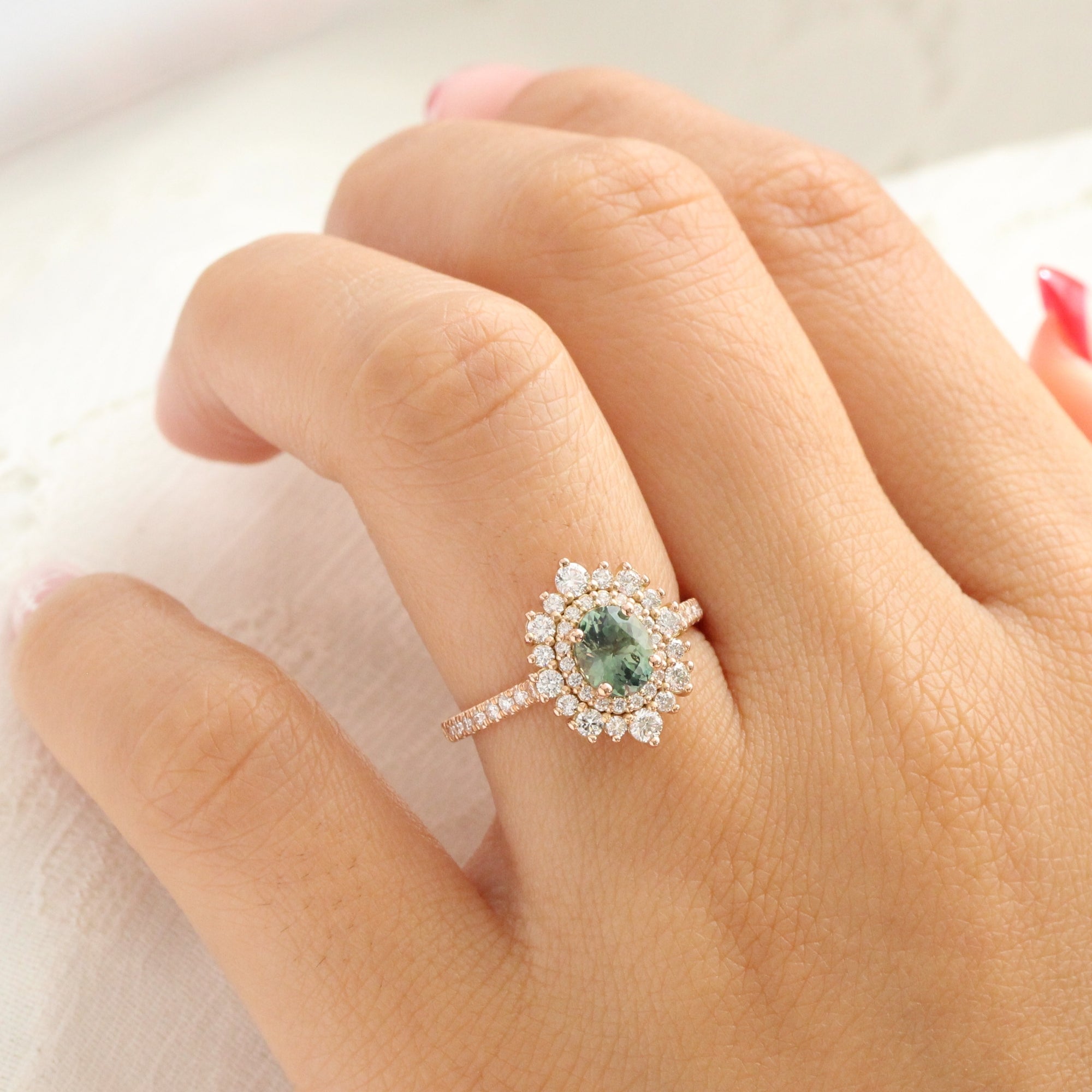 Oval teal green sapphire pave ring rose gold double halo diamond engagement ring la more design jewelry