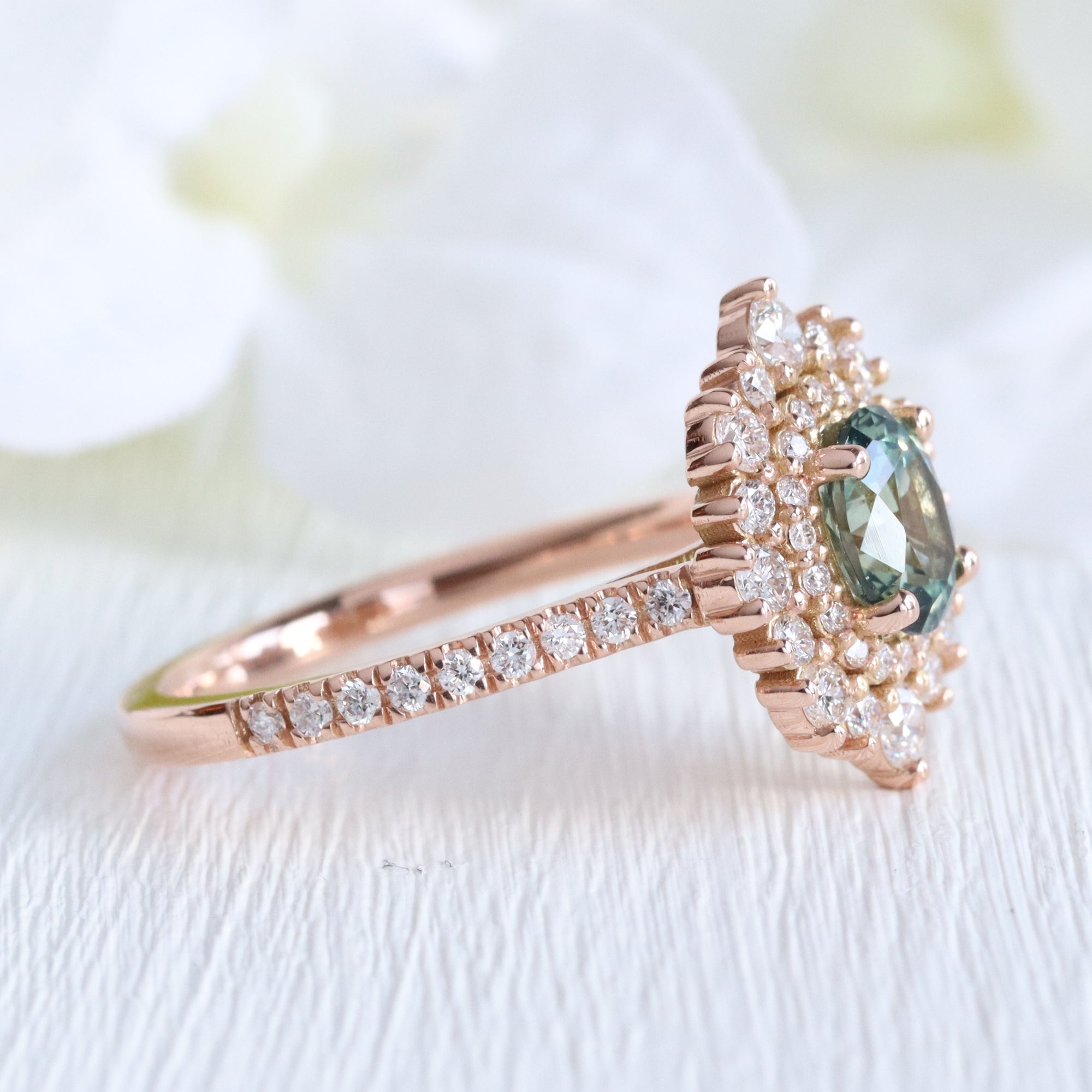 Oval teal green sapphire pave ring rose gold double halo diamond engagement ring la more design jewelry