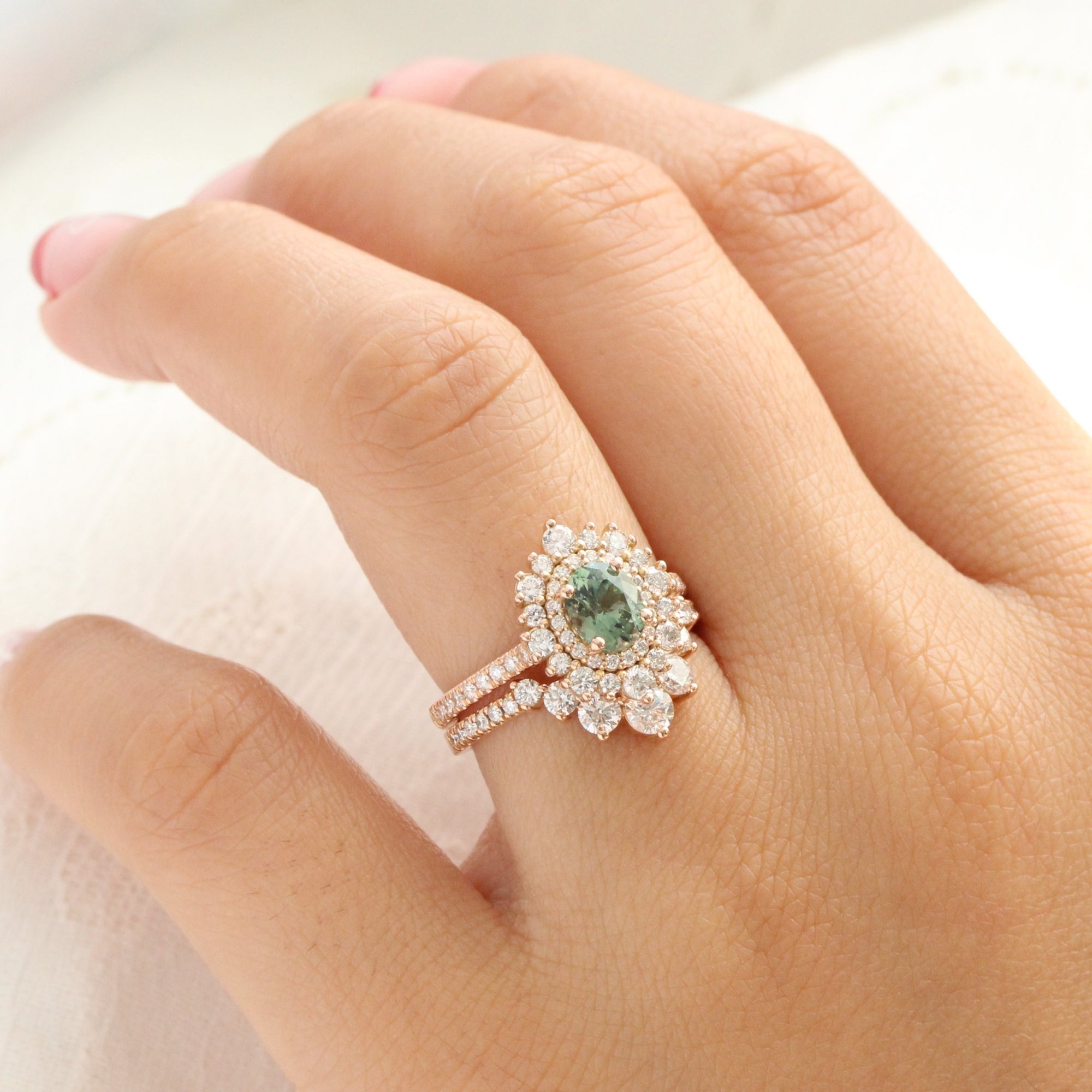 Oval teal green sapphire pave ring rose gold double halo diamond engagement ring la more design jewelry