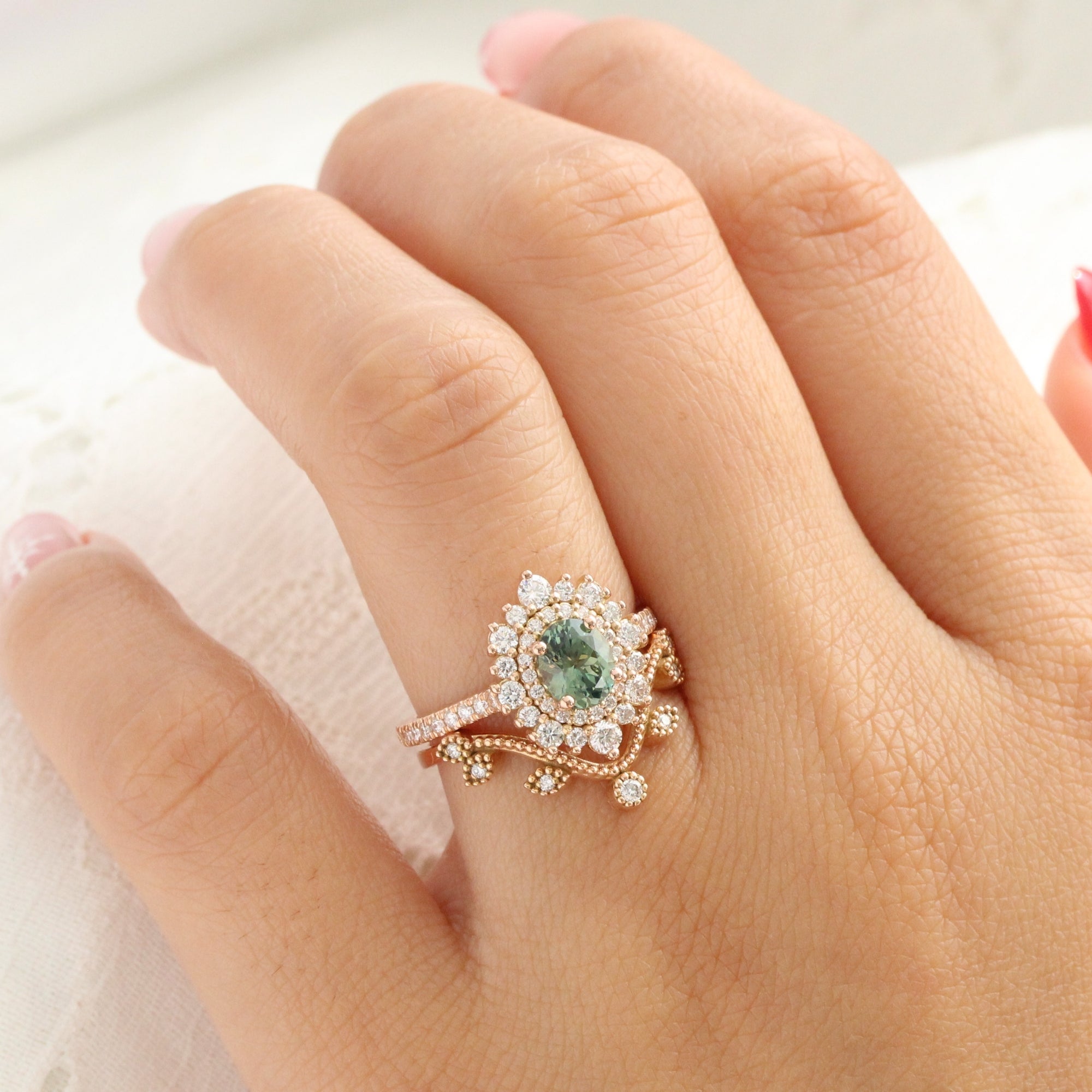 Oval teal green sapphire pave ring rose gold double halo diamond engagement ring la more design jewelry