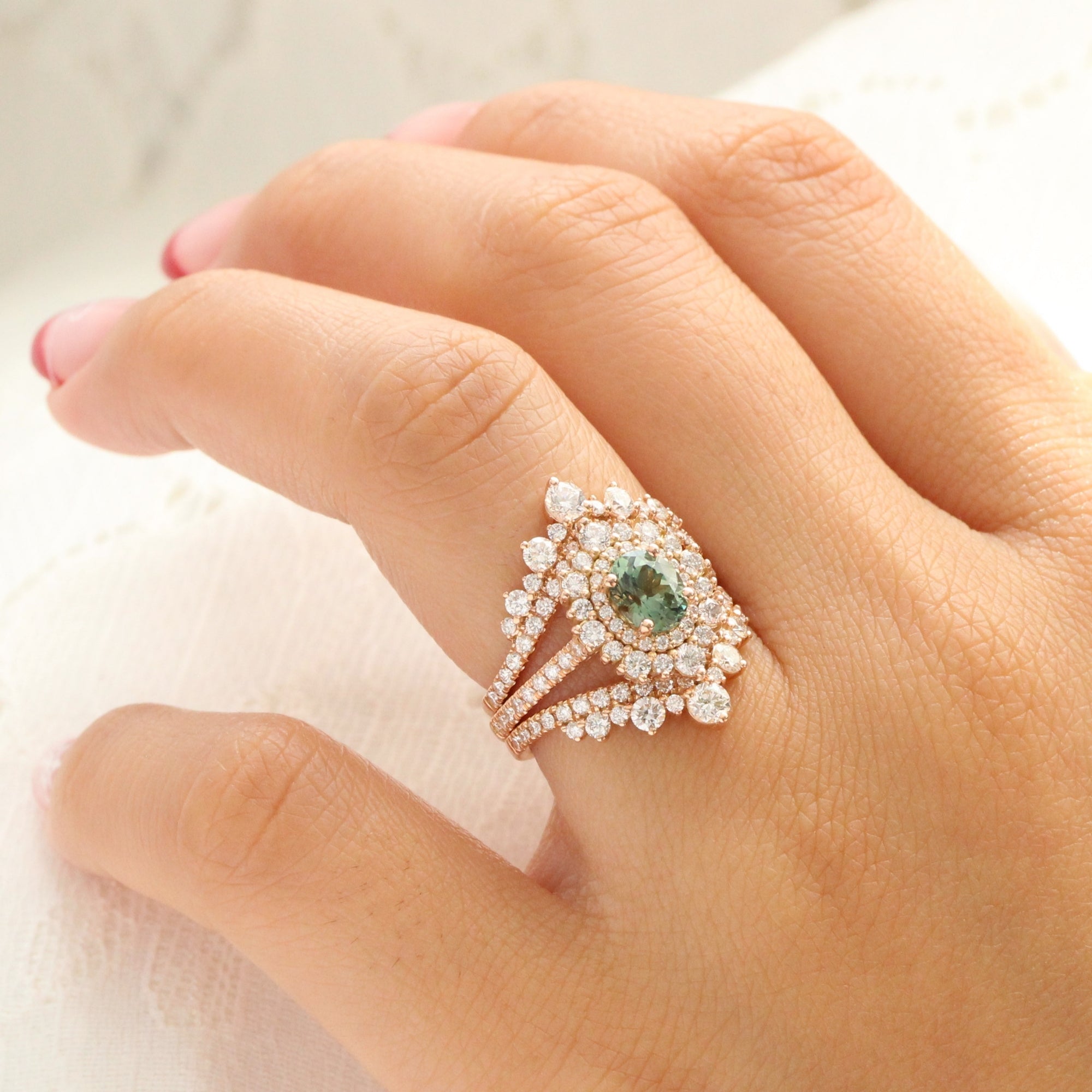Oval teal green sapphire pave ring rose gold double halo diamond engagement ring la more design jewelry