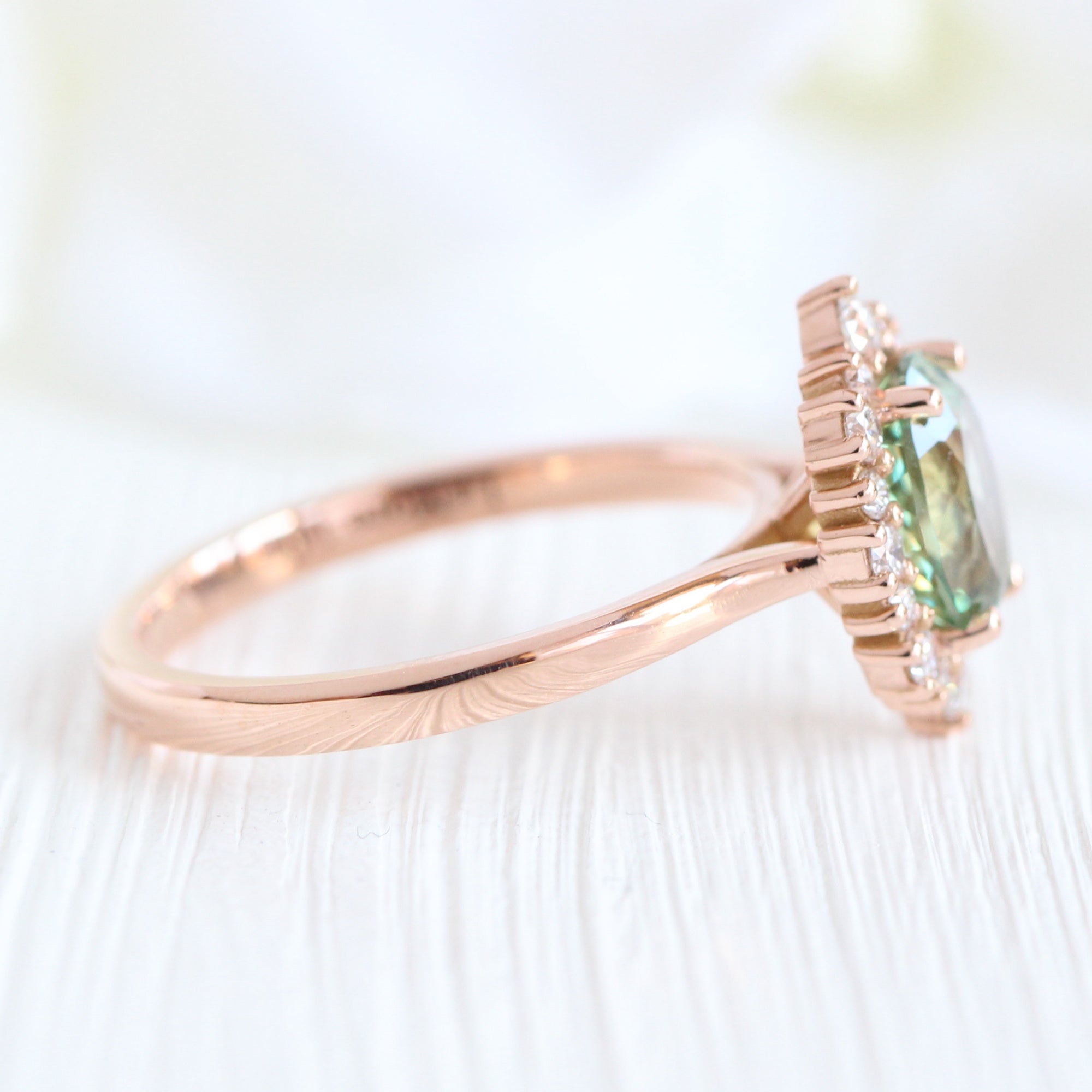 Oval green sapphire ring rose gold halo diamond ring la more design jewelry