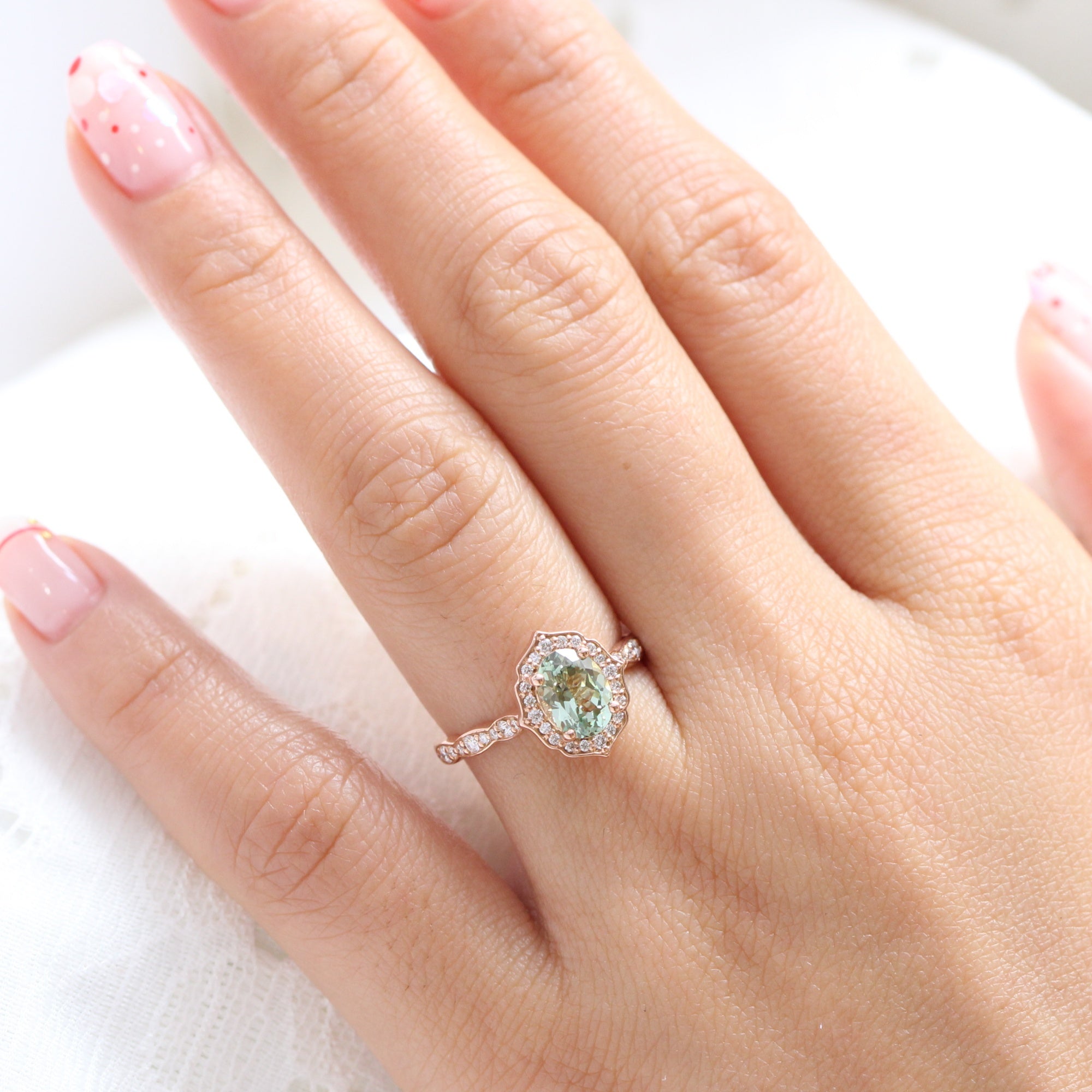 Vintage Floral Sea Foam Green Sapphire Ring in 14k Rose Gold Scalloped Diamond Band, Size 6.5