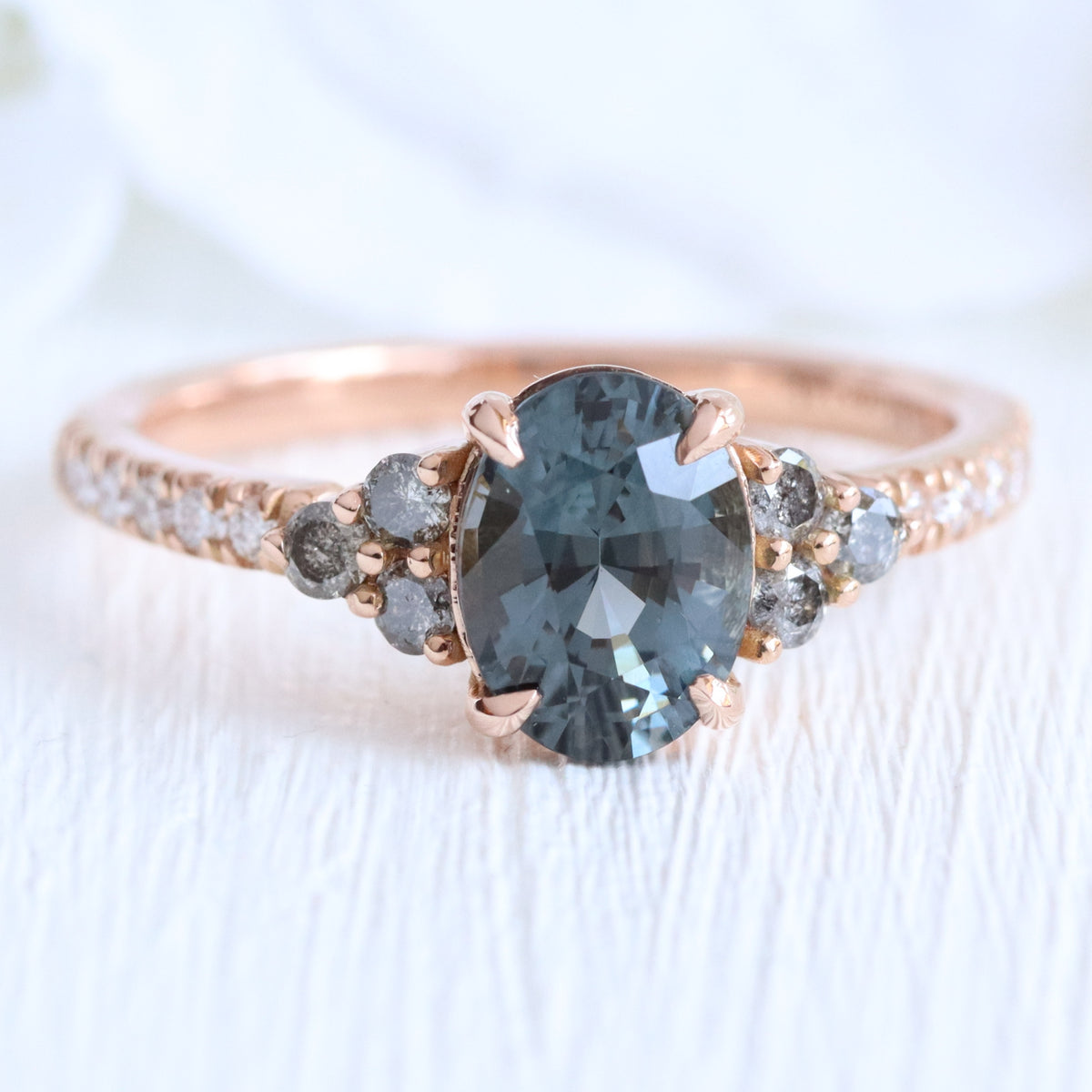 Oval grey spinel salt and pepper diamond ring rose gold 3 stone engagement ring la more design jewelry