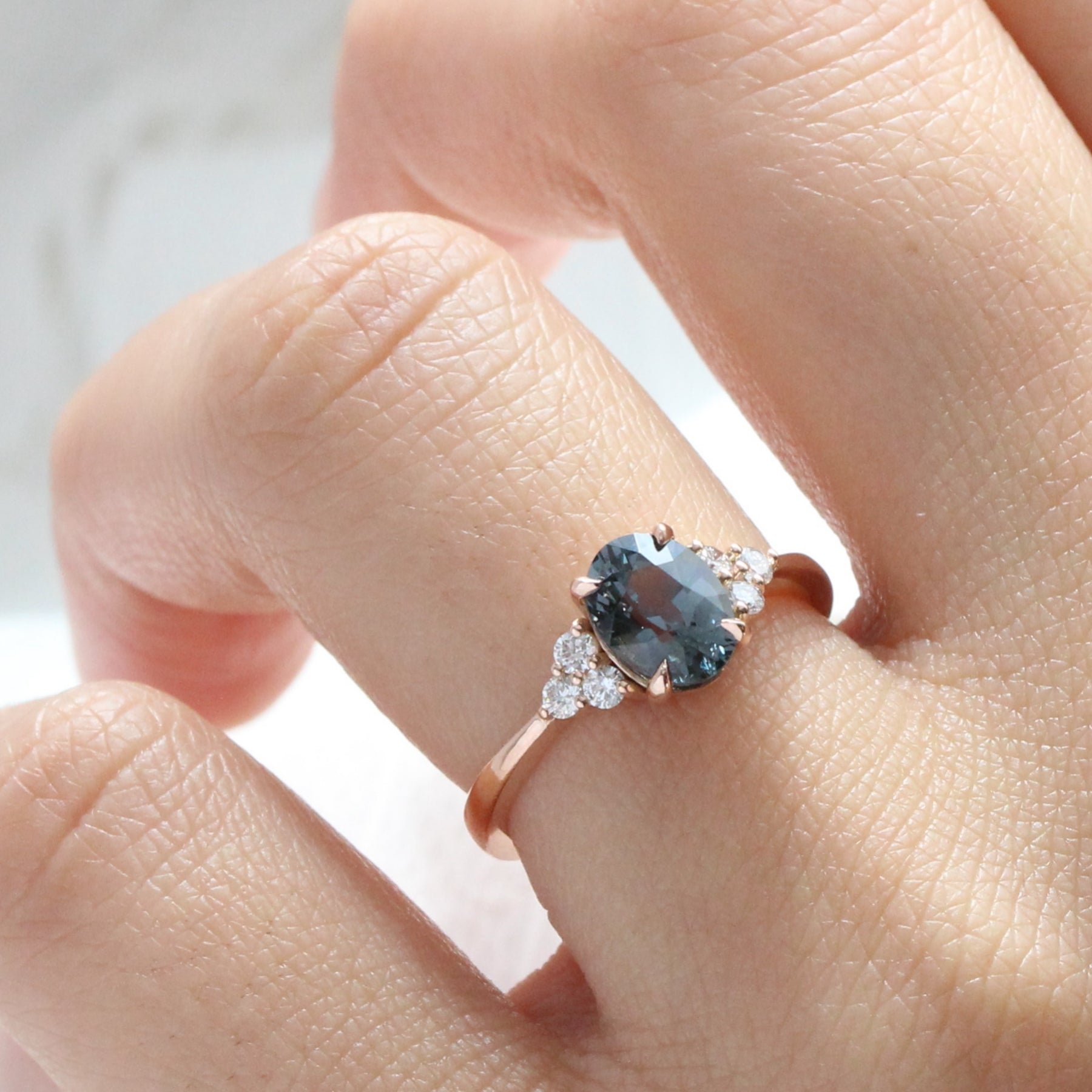 Oval grey spinel diamond ring rose gold 3 stone engagement ring la more design jewelry