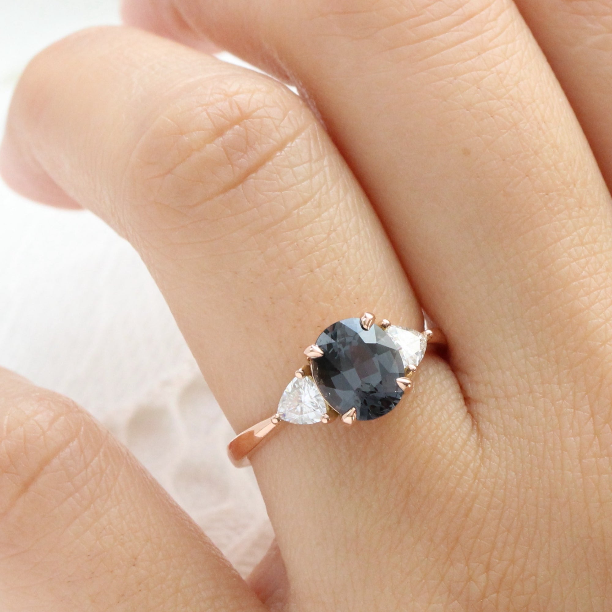 Oval grey spinel diamond ring rose gold 3 stone engagement ring la more design jewelry