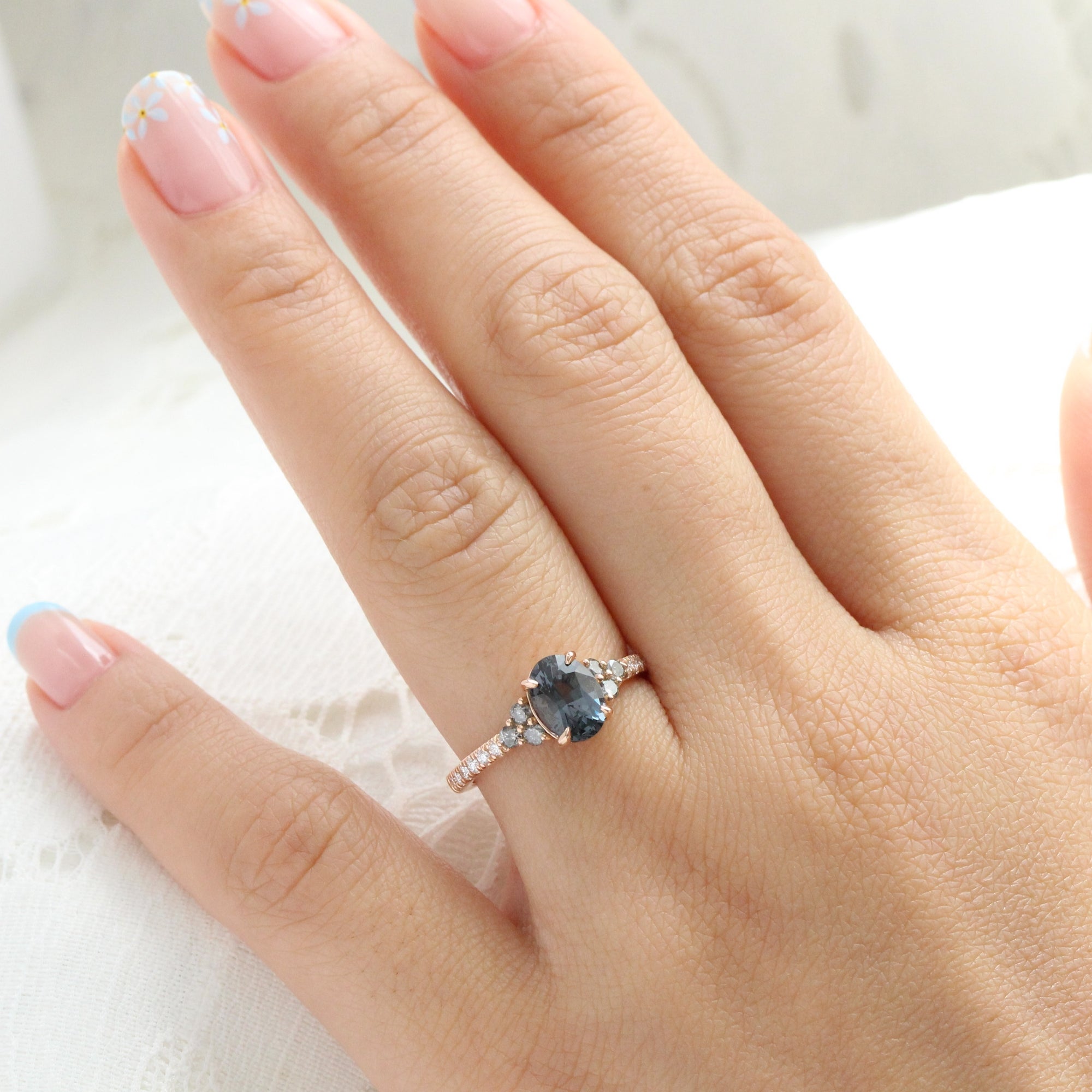 Oval grey spinel salt and pepper diamond ring rose gold 3 stone engagement ring la more design jewelry