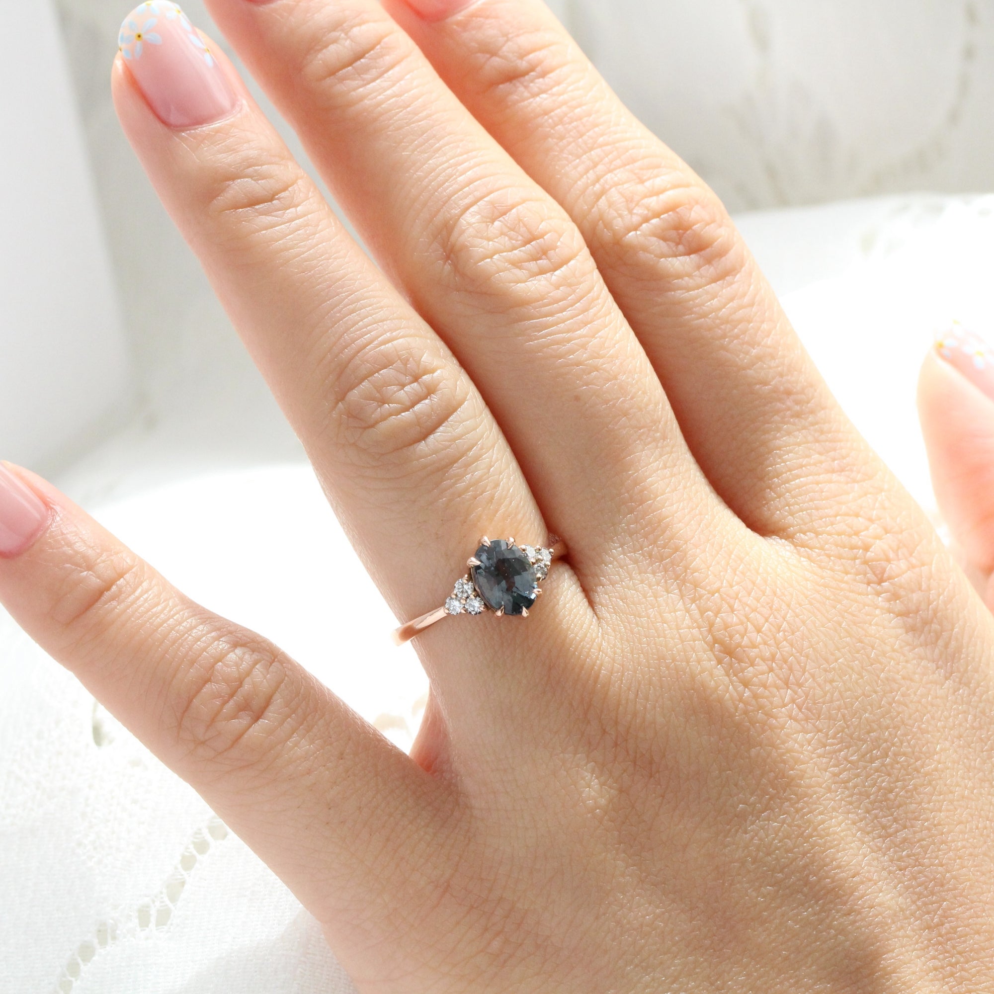 Oval grey spinel diamond ring rose gold 3 stone engagement ring la more design jewelry