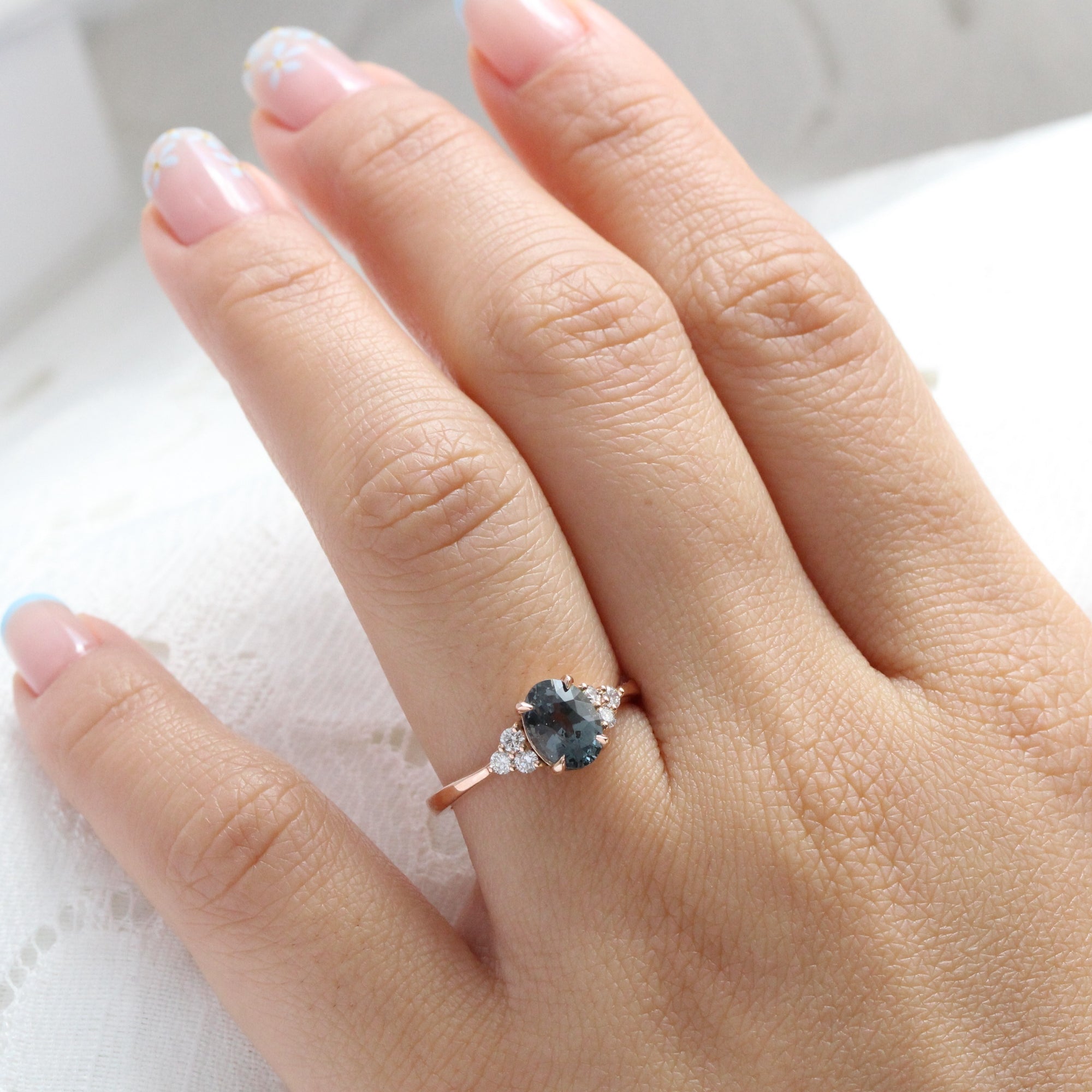 Oval grey spinel diamond ring rose gold 3 stone engagement ring la more design jewelry