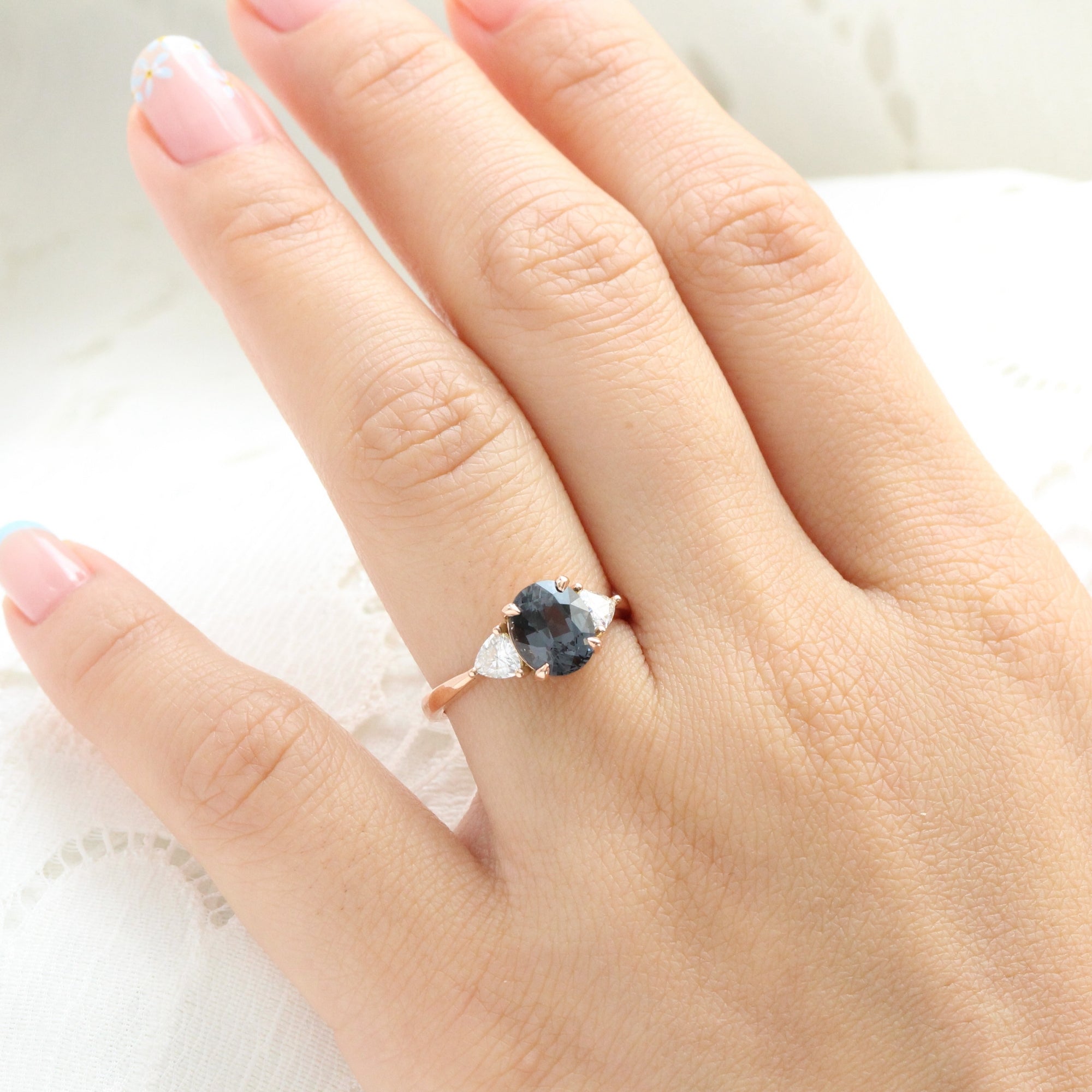Oval grey spinel diamond ring rose gold 3 stone engagement ring la more design jewelry