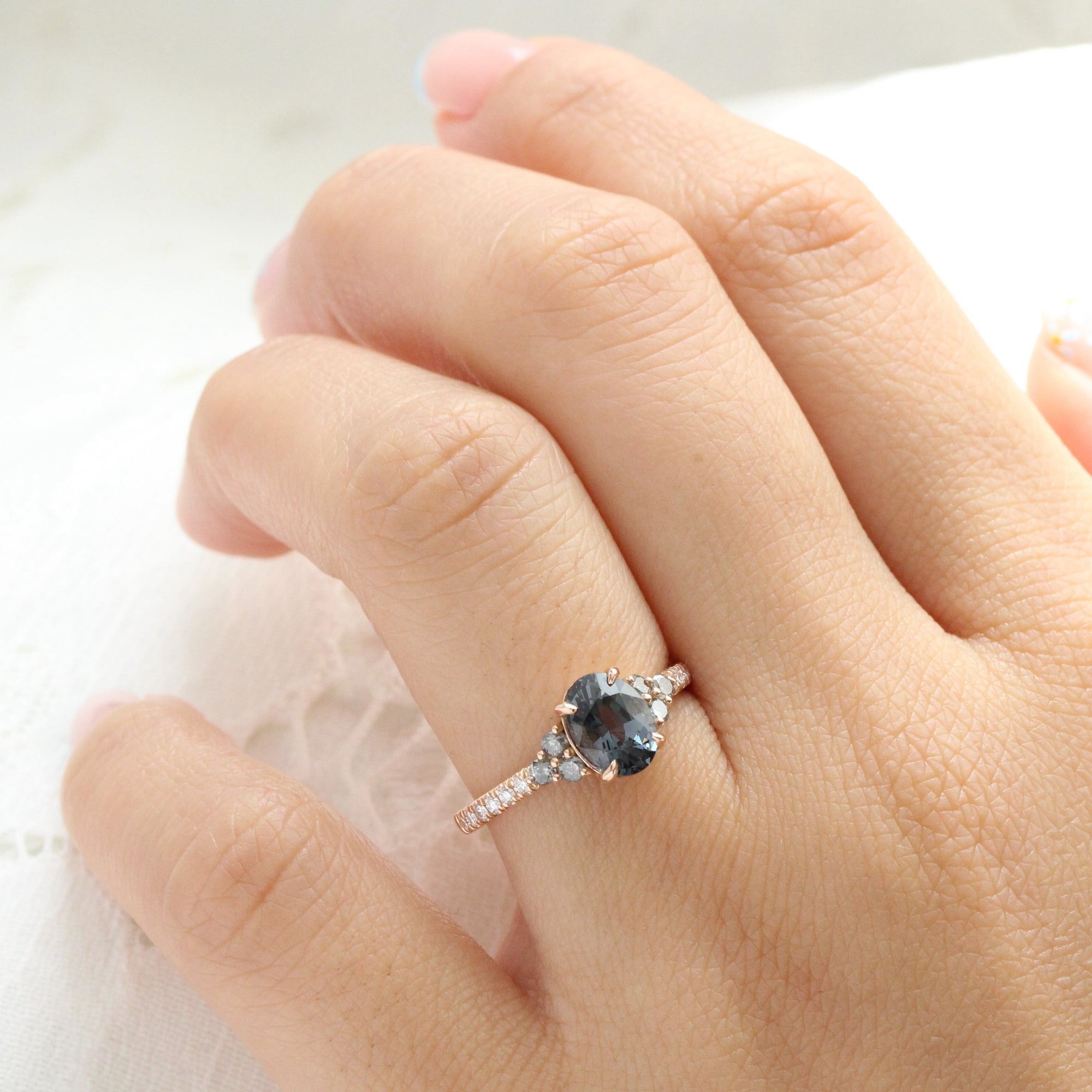 Oval grey spinel salt and pepper diamond ring rose gold 3 stone engagement ring la more design jewelry