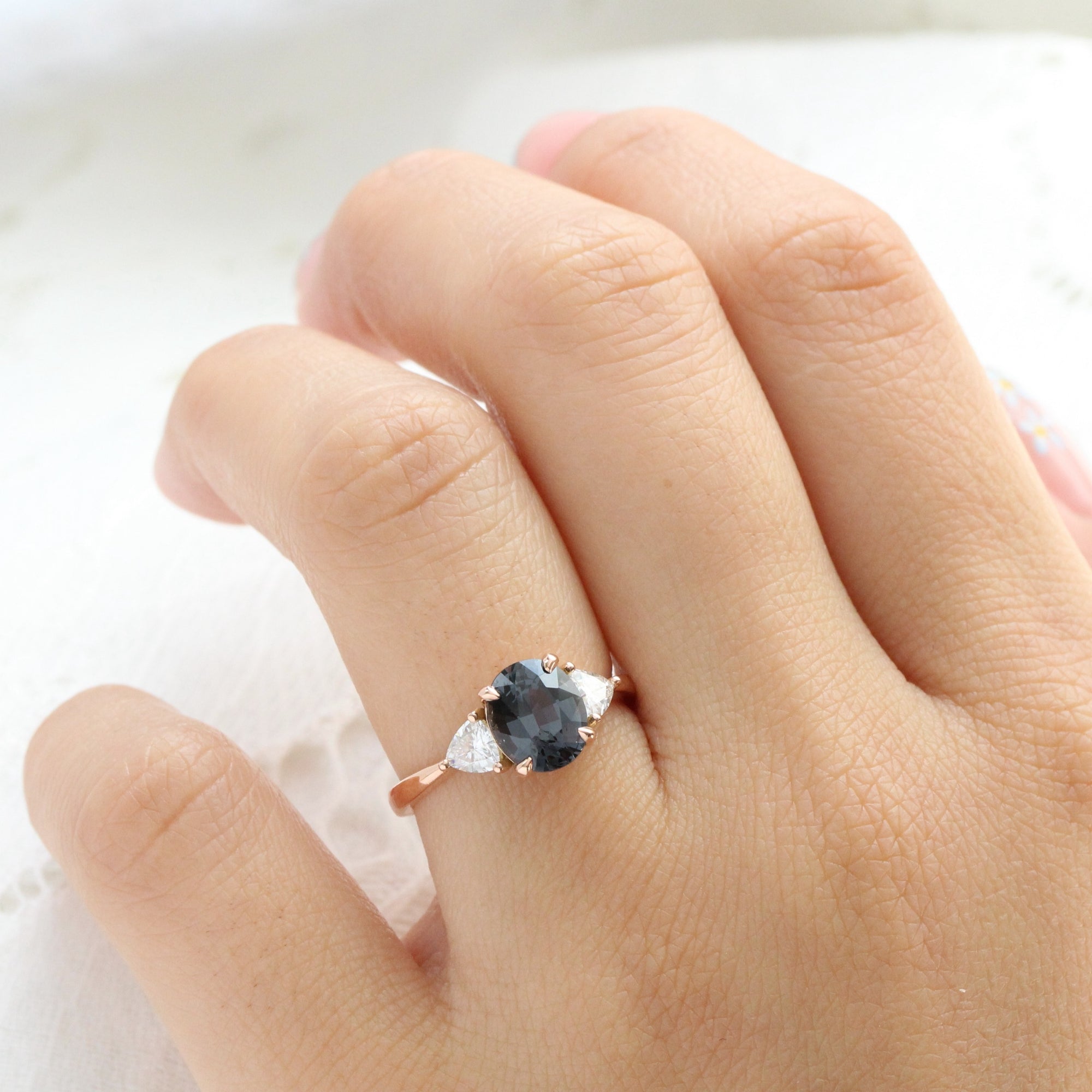 Oval grey spinel diamond ring rose gold 3 stone engagement ring la more design jewelry