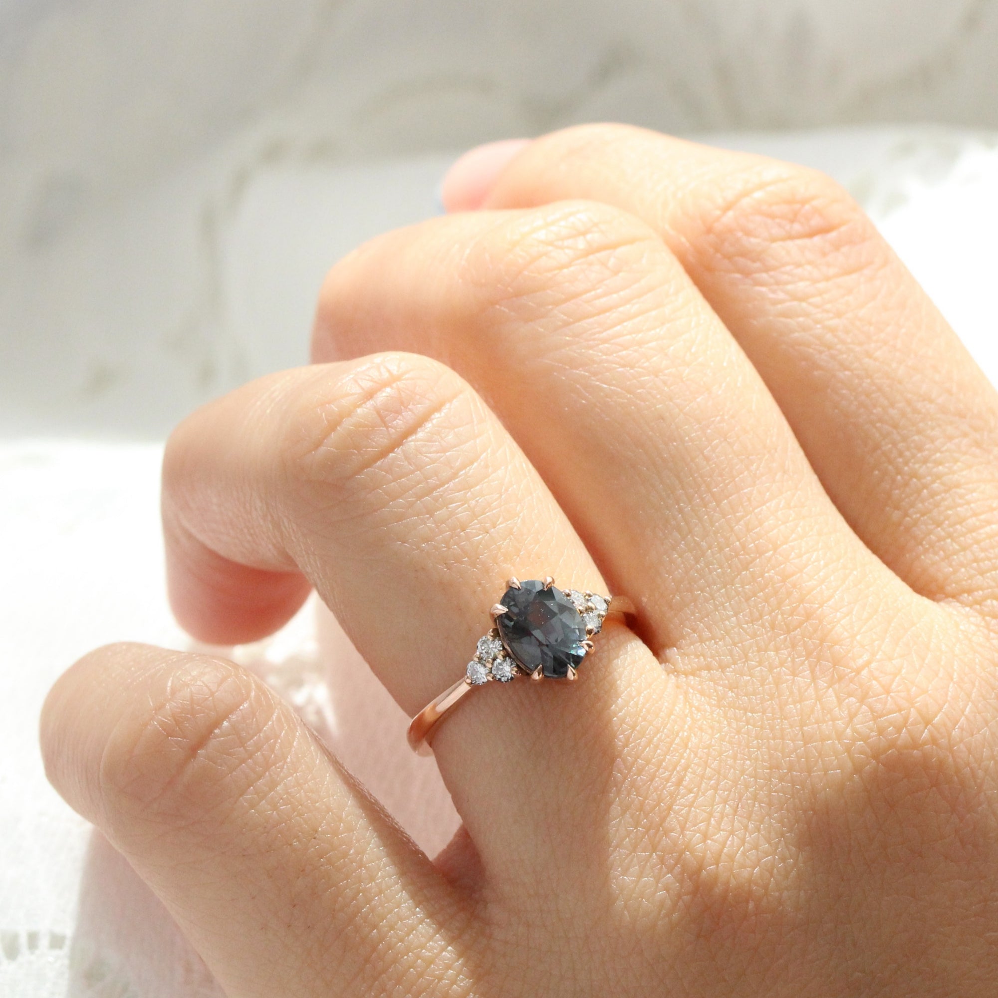 Oval grey spinel diamond ring rose gold 3 stone engagement ring la more design jewelry