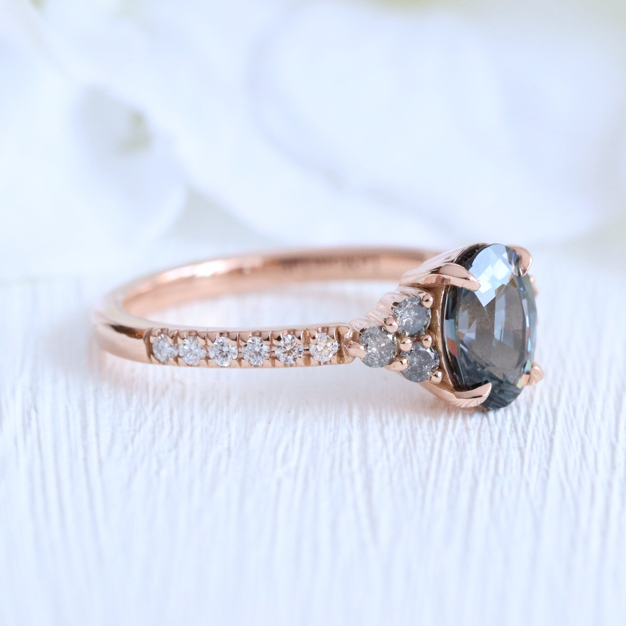 Oval grey spinel salt and pepper diamond ring rose gold 3 stone engagement ring la more design jewelry
