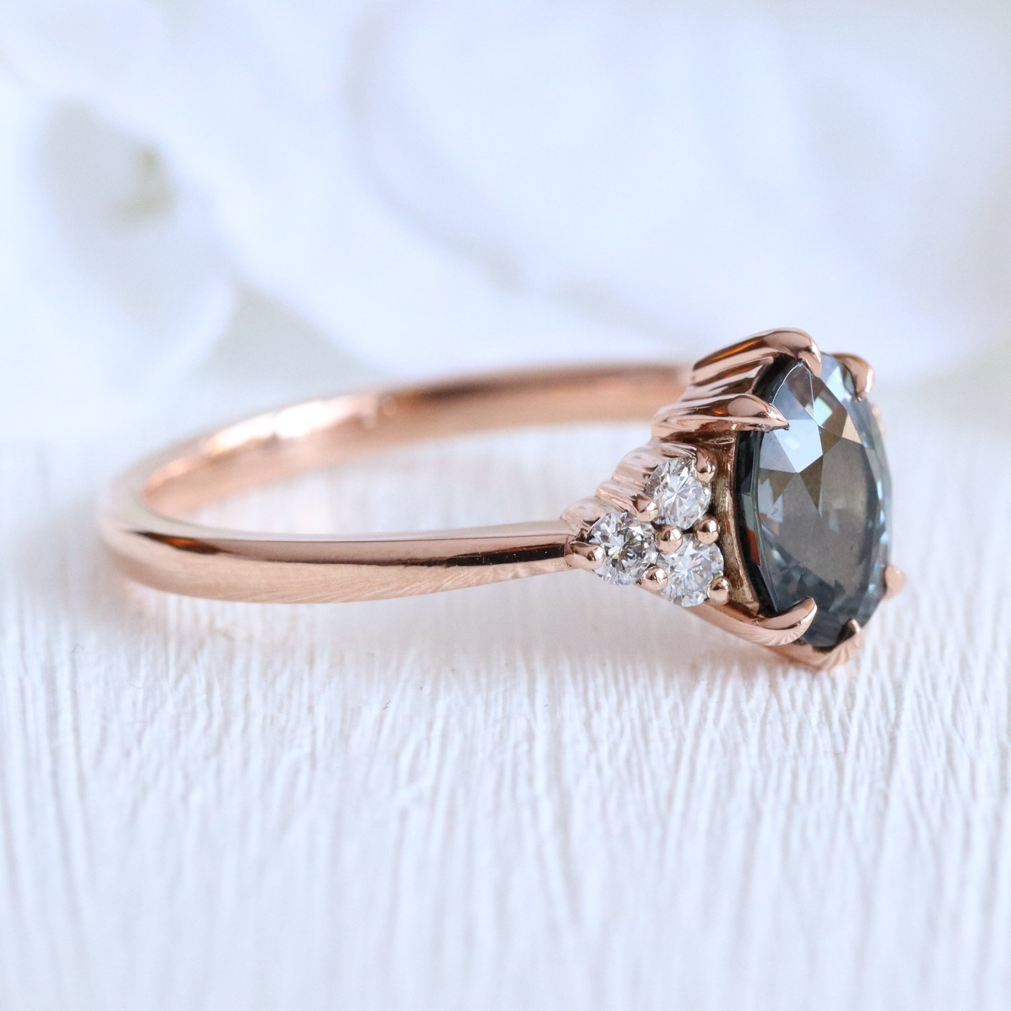 Oval grey spinel diamond ring rose gold 3 stone engagement ring la more design jewelry
