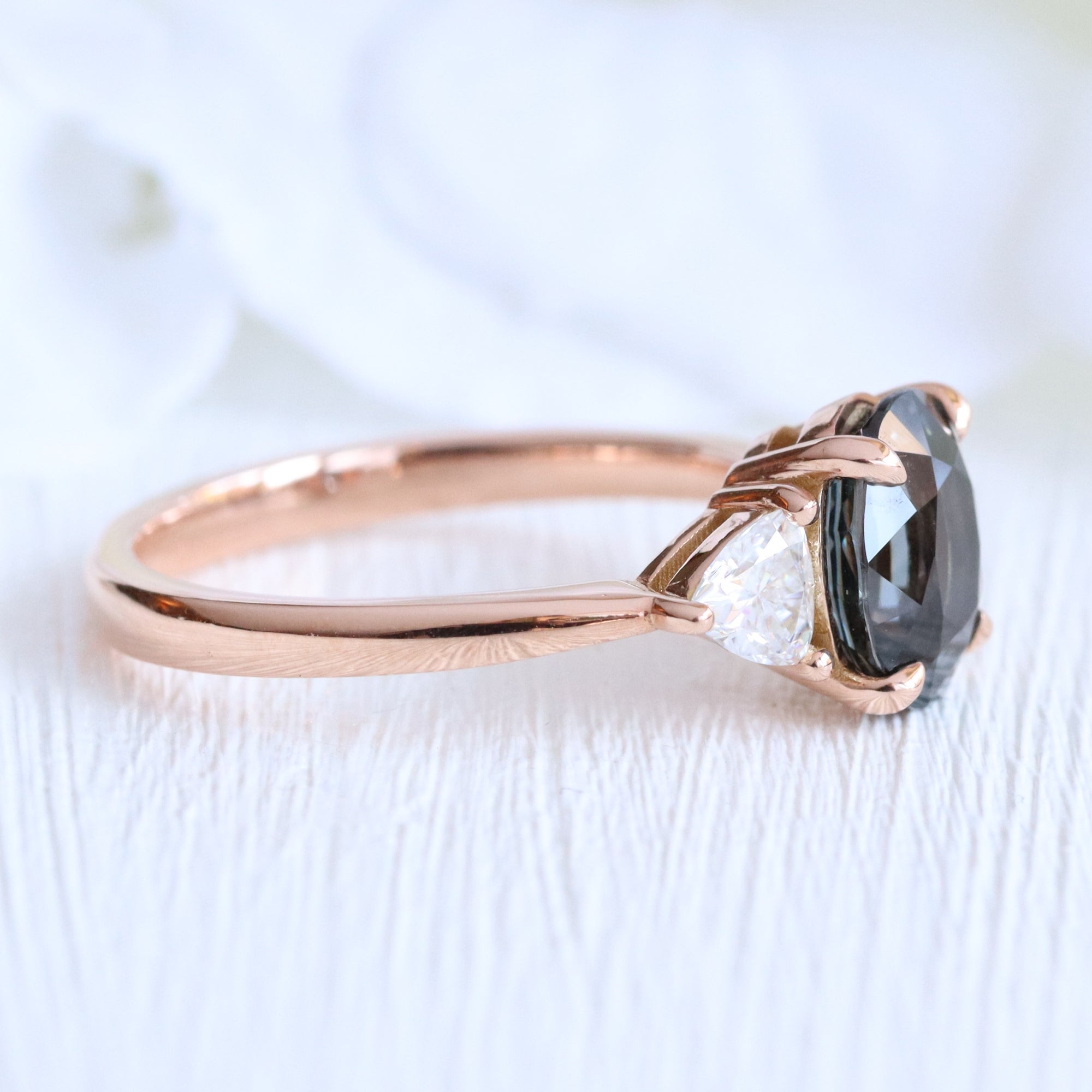 Oval grey spinel diamond ring rose gold 3 stone engagement ring la more design jewelry