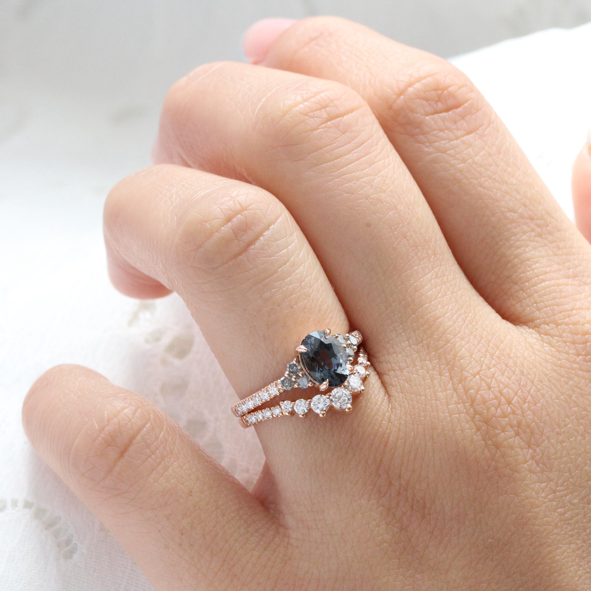 Oval grey spinel salt and pepper diamond ring rose gold 3 stone engagement ring la more design jewelry
