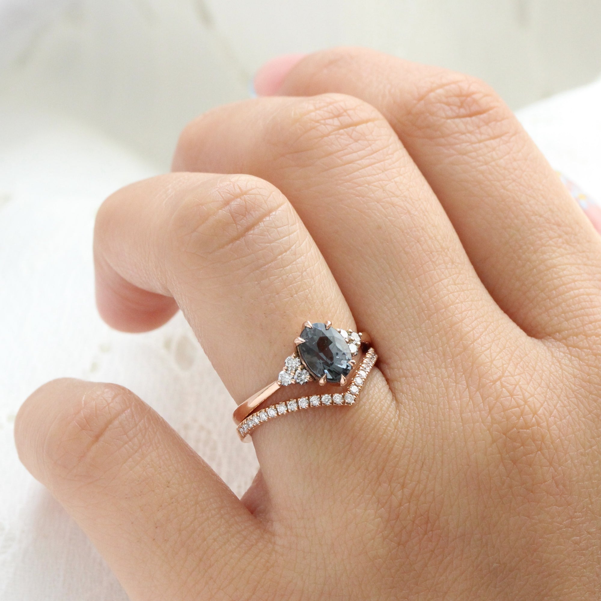 Oval grey spinel diamond ring rose gold 3 stone engagement ring la more design jewelry