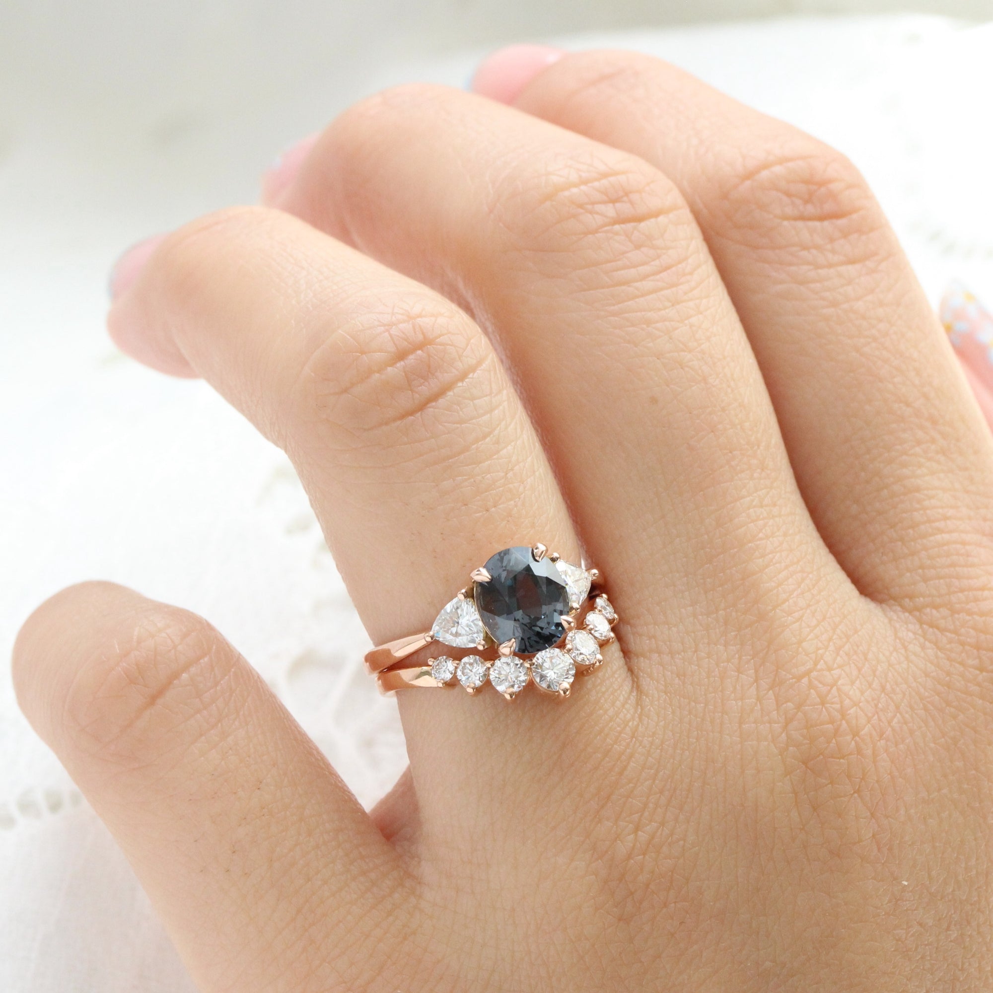Oval grey spinel diamond ring rose gold 3 stone engagement ring la more design jewelry