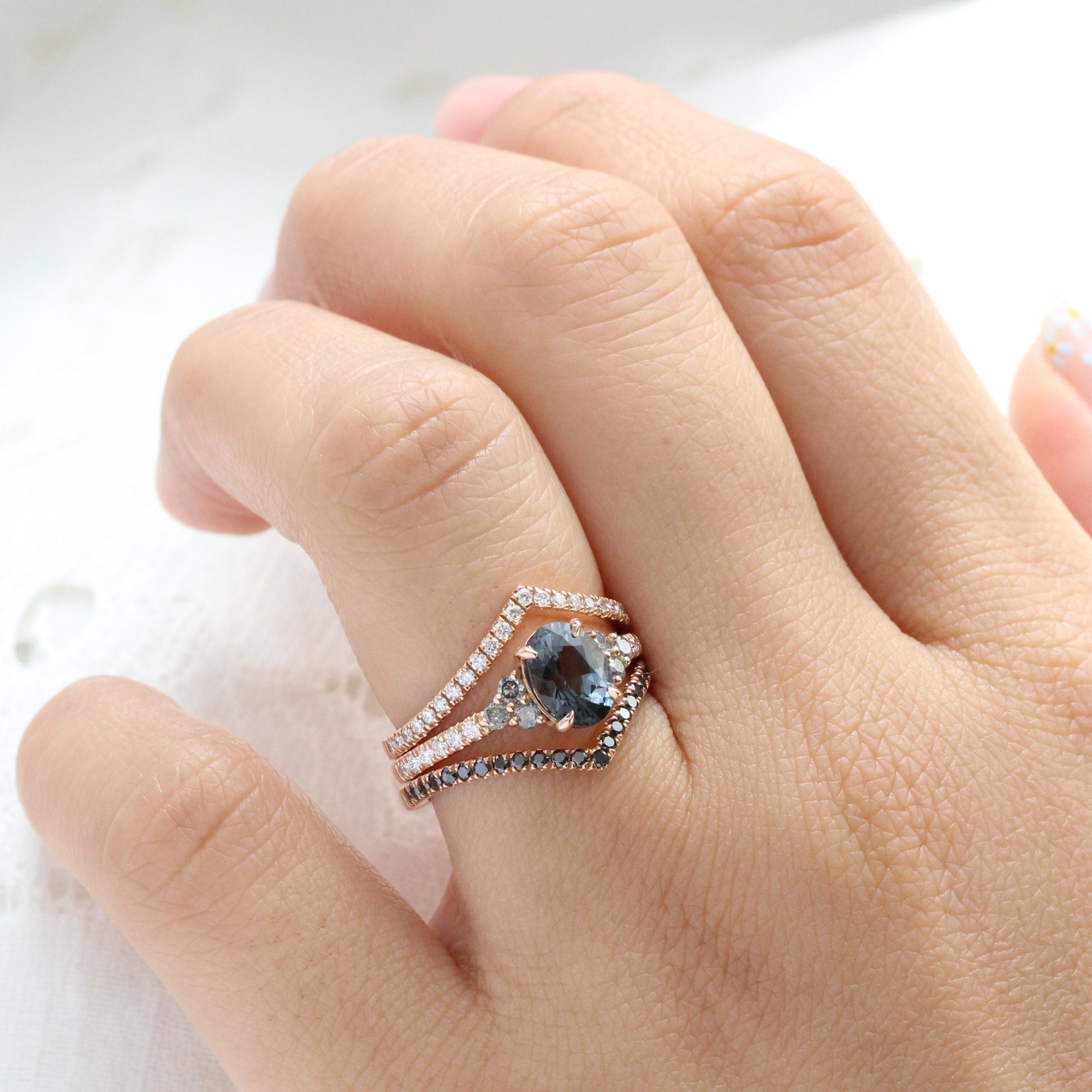 Oval grey spinel salt and pepper diamond ring rose gold 3 stone engagement ring la more design jewelry