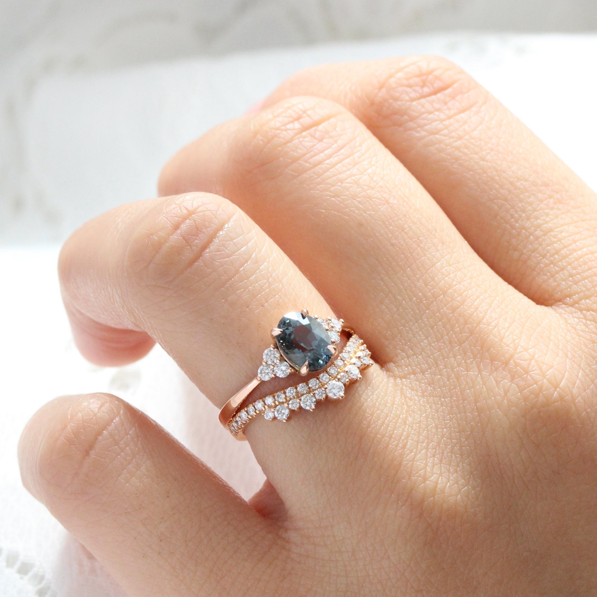 Oval grey spinel diamond ring rose gold 3 stone engagement ring la more design jewelry