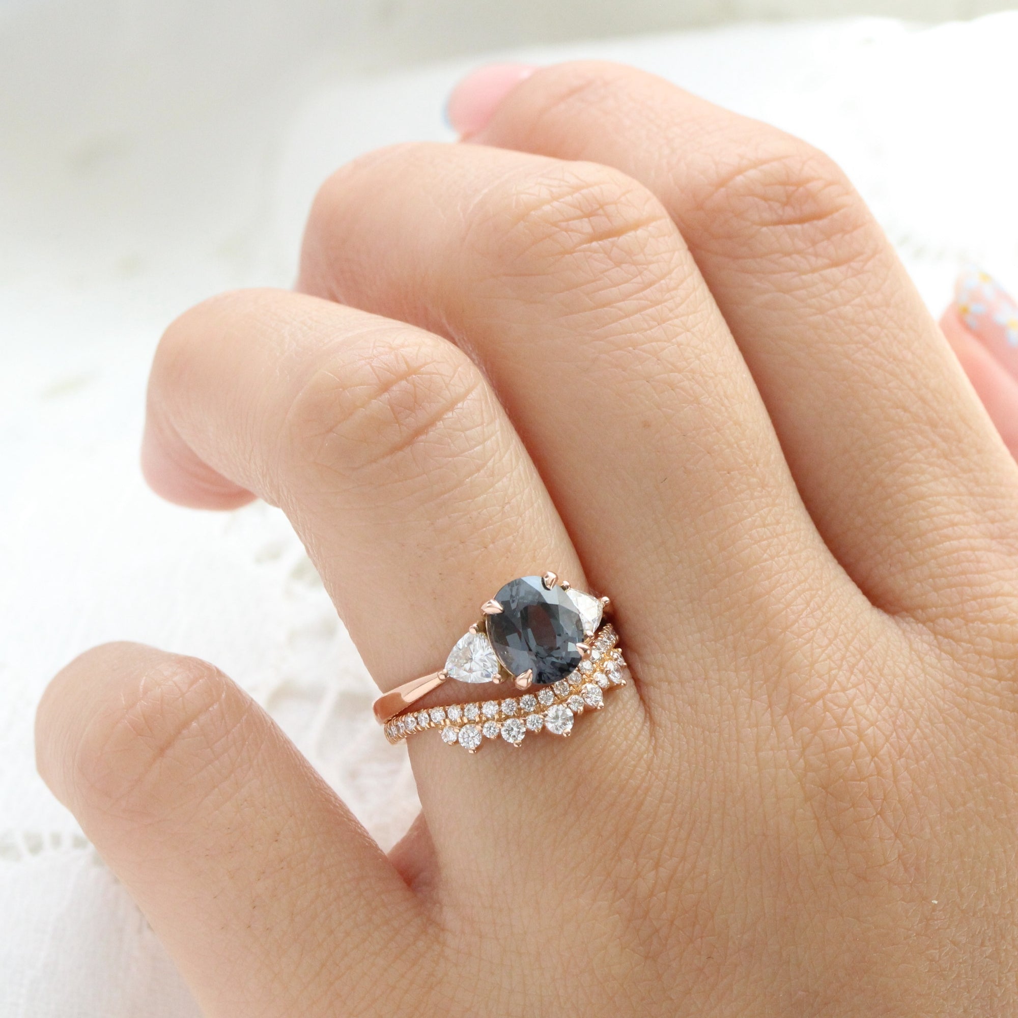 Oval grey spinel diamond ring rose gold 3 stone engagement ring la more design jewelry
