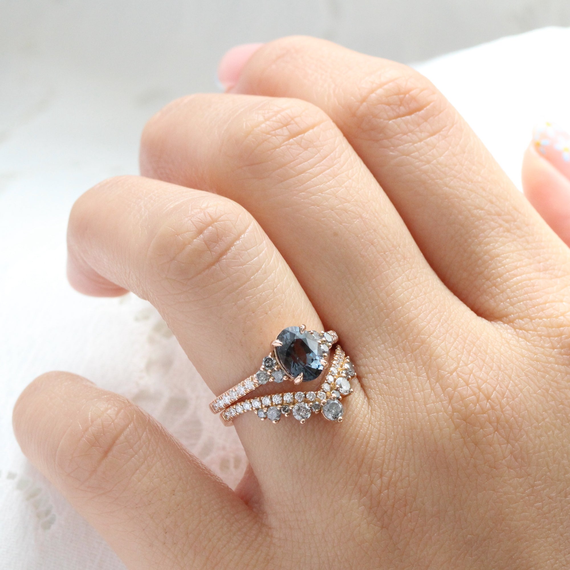 Oval grey spinel salt and pepper diamond ring rose gold 3 stone engagement ring la more design jewelry