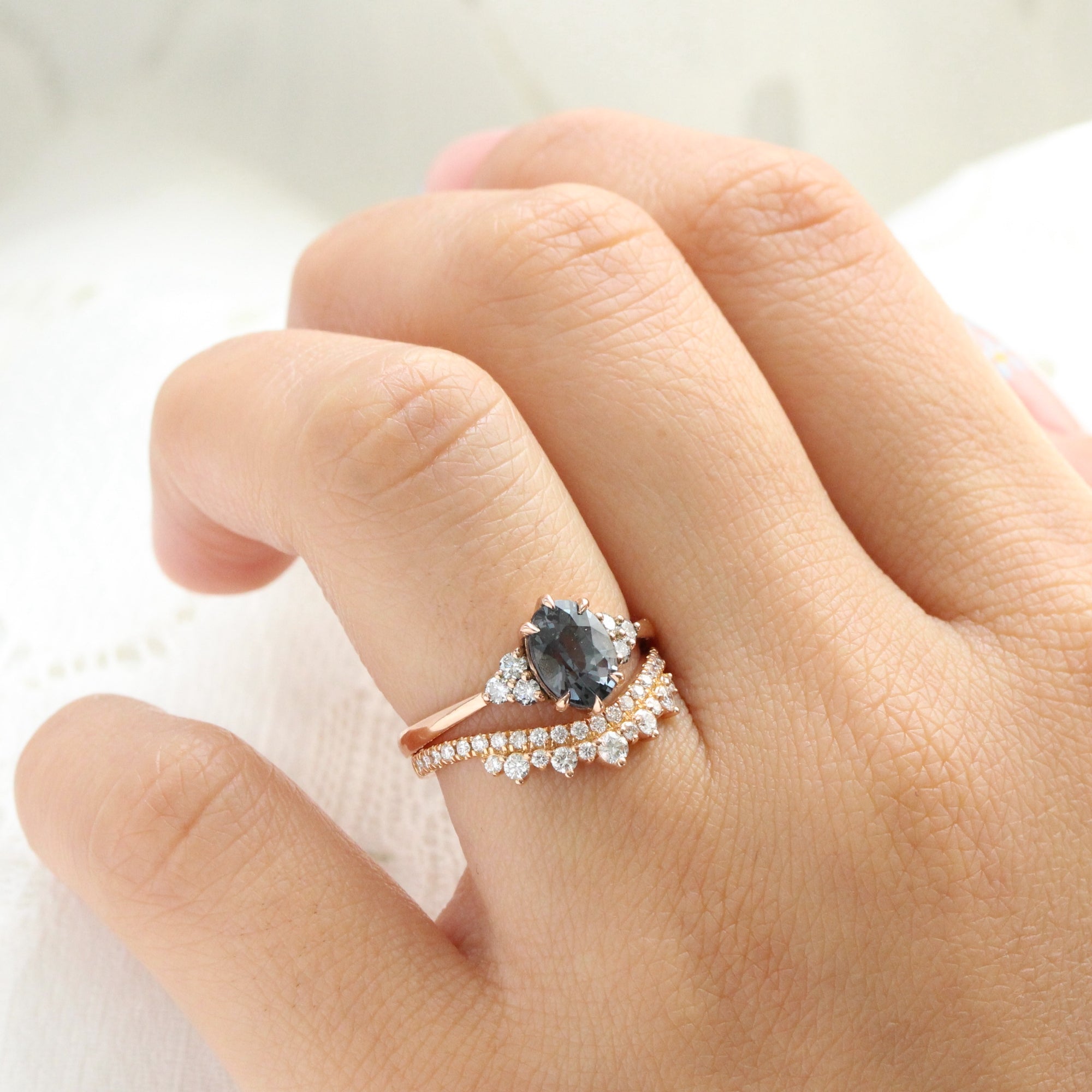 Oval grey spinel diamond ring rose gold 3 stone engagement ring la more design jewelry