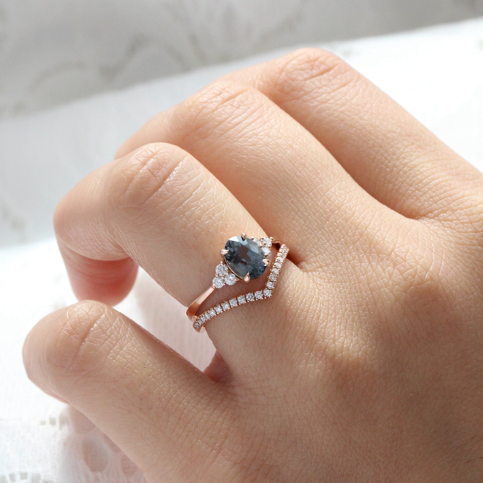 Oval grey spinel diamond ring rose gold 3 stone engagement ring la more design jewelry