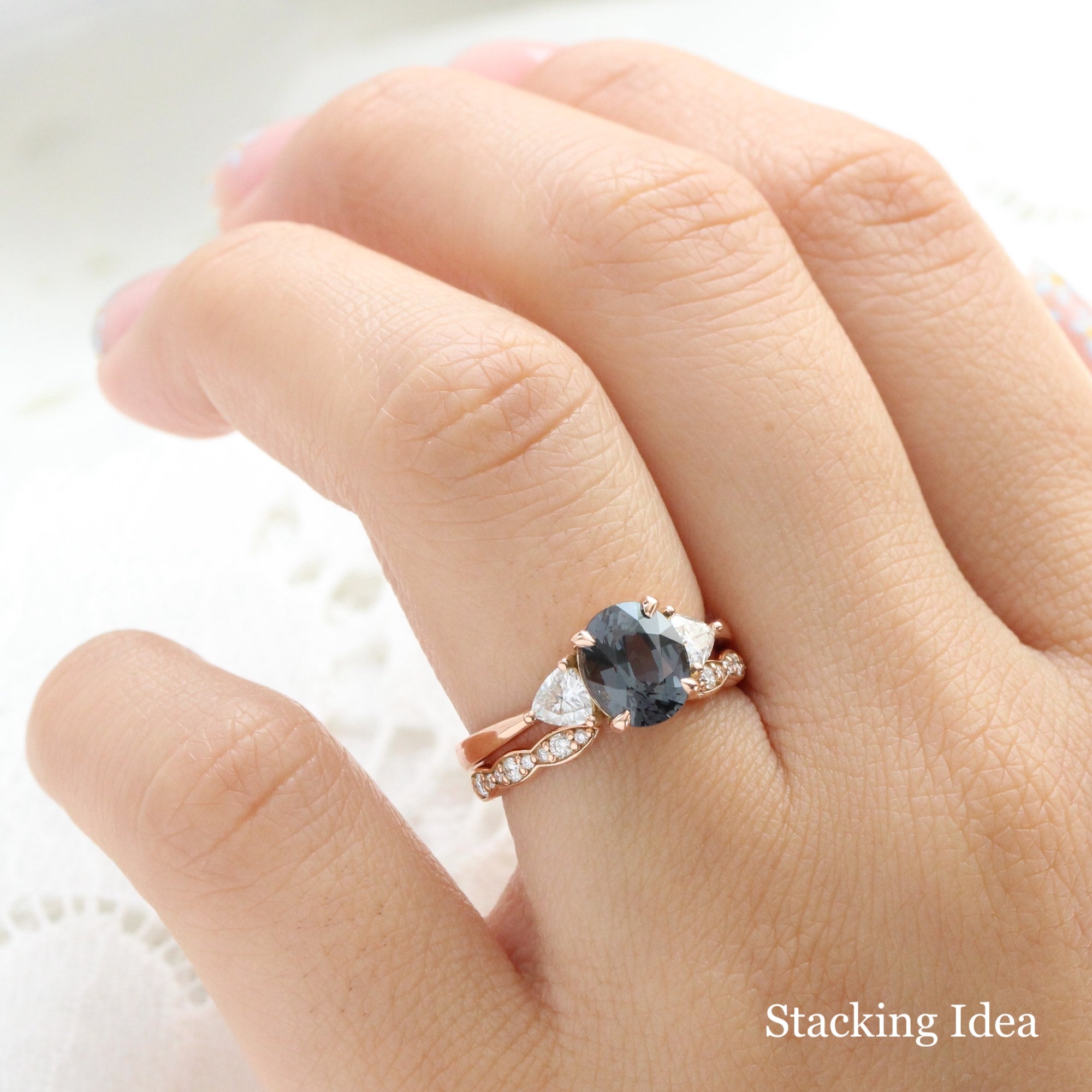 Oval grey spinel diamond ring rose gold 3 stone engagement ring la more design jewelry